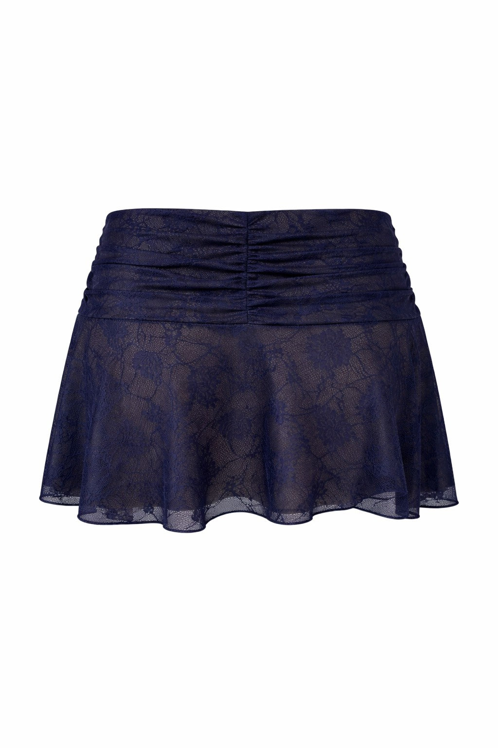The I.AM.GIA YVETTE SKIRT in midnight blue features elegant butterfly lace, a slightly flared hem, and gathered waistband detailing, displayed against a white background.