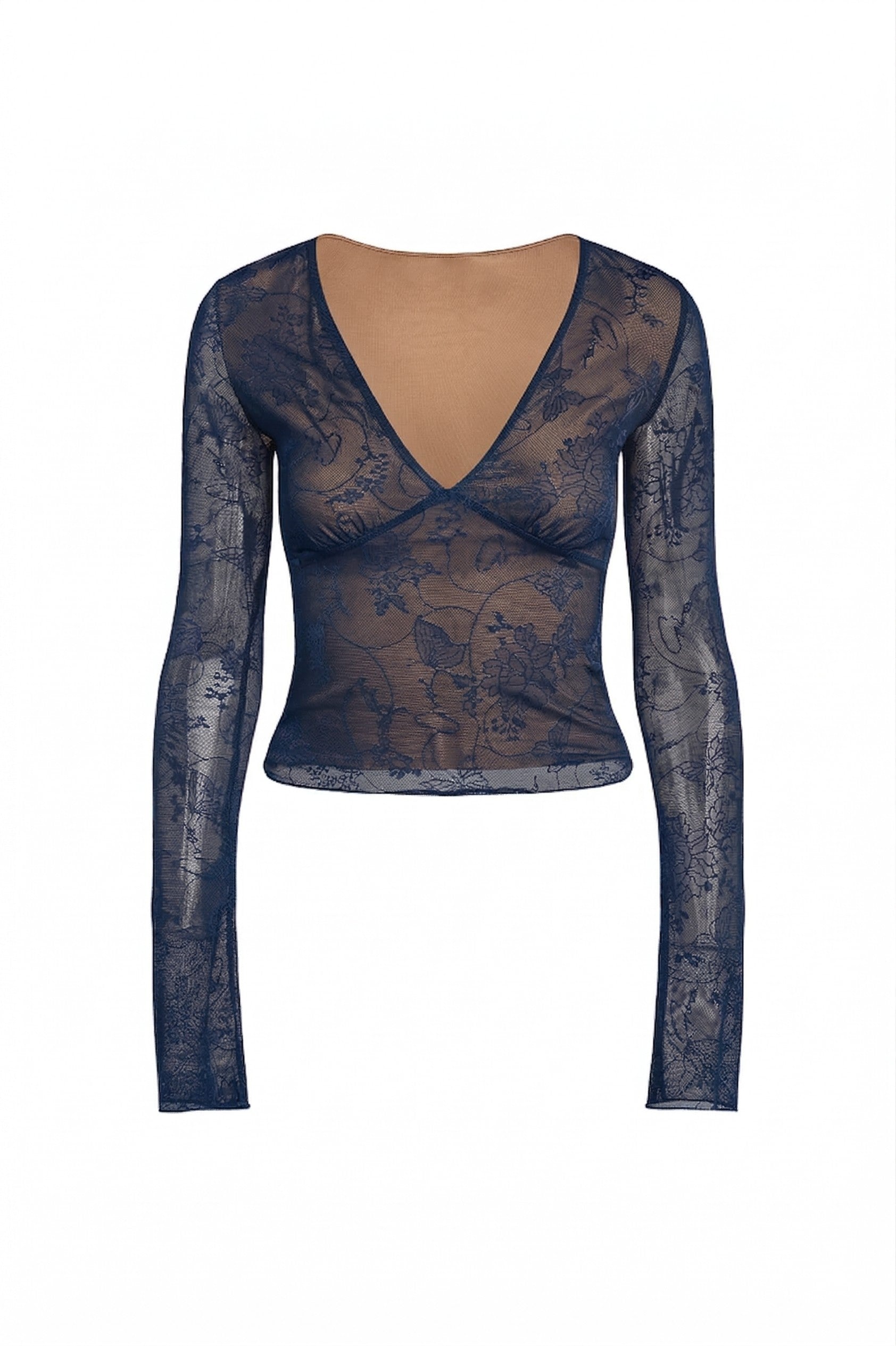 I.AM.GIA’s YVETTE TOP in midnight blue features long sleeves, a deep V-neck, sheer mesh, and floral butterfly lace details, shown against a plain white background.