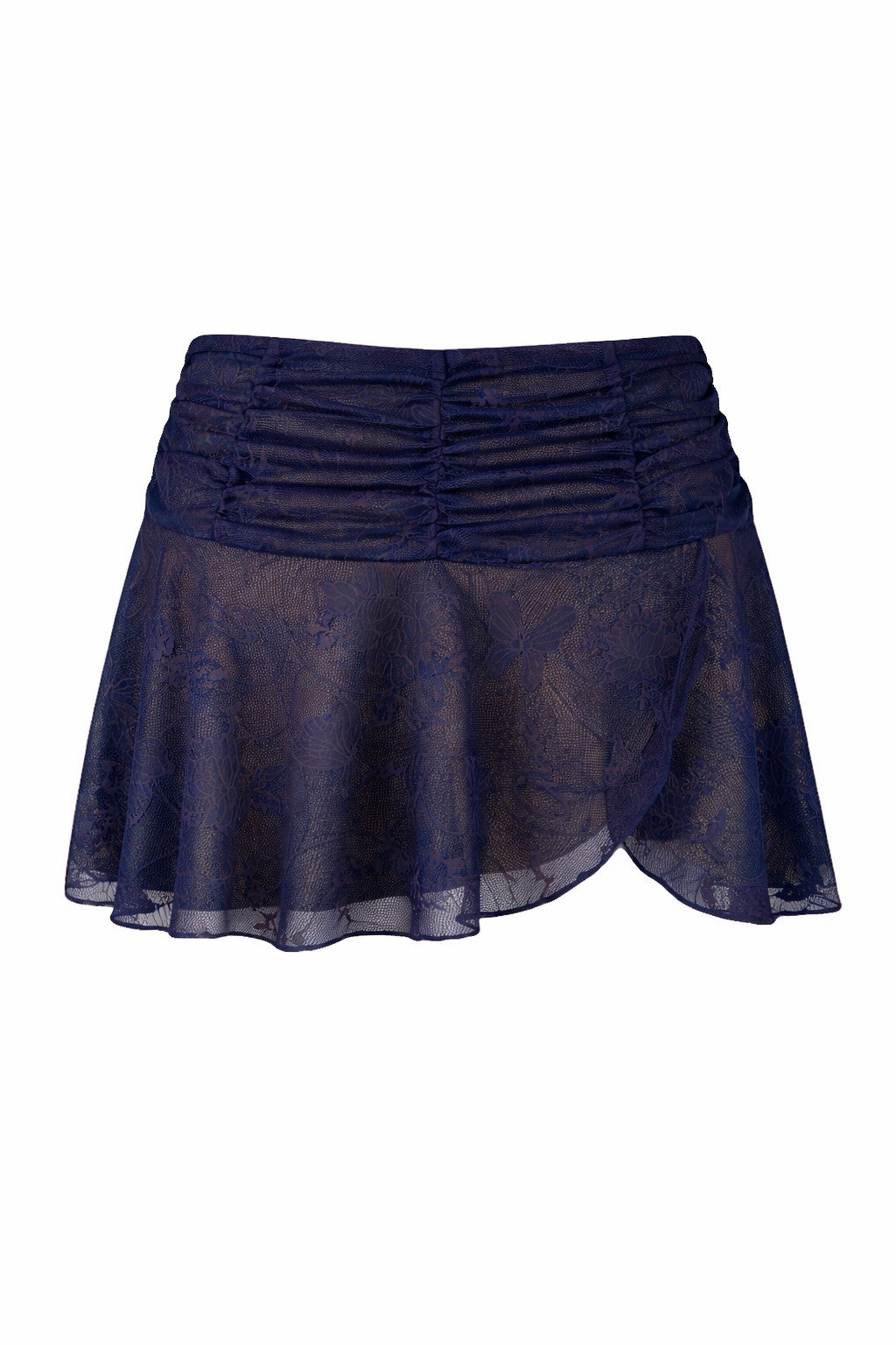 The YVETTE SKIRT - MIDNIGHT BLUE by I.AM.GIA features sheer butterfly lace, a ruched low-rise waistband, and an asymmetrical flared hem.