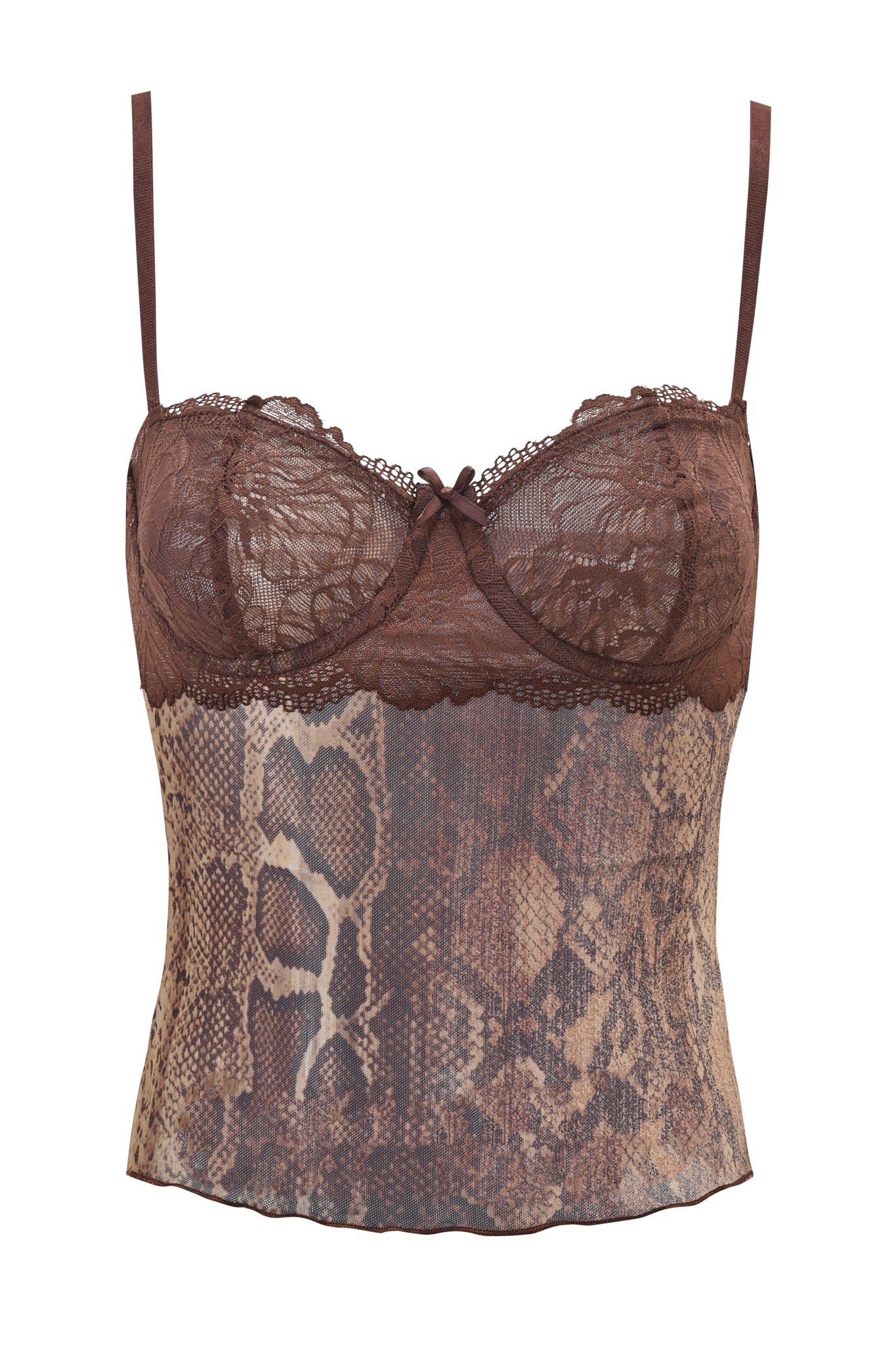 The SILO TOP - SNAKE by I.AM.GIA features a brown snake print, thin straps, mesh bustier-style lace on the bust, a center bow, and scalloped lace trim for added charm.