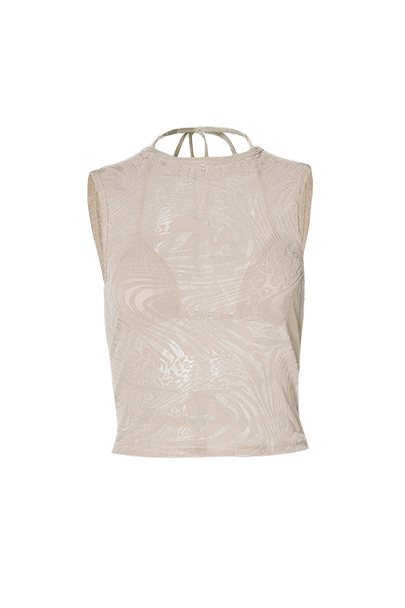 The AMINA TOP - TAN BURNOUT by I.AM.GIA is a sleeveless beige crop top adorned with a subtle abstract pattern. It features a high neckline, complemented by a thin strap detail around the neck and back. The material has a slight sheen, adding an elegant touch to its casual design.