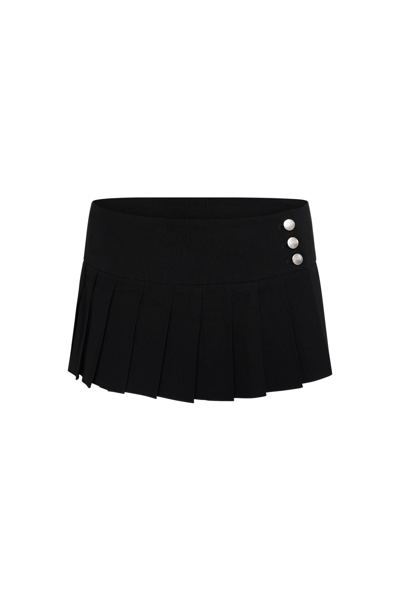 The REMINI SKORT - BLACK by I.AM.GIA features a wide waistband and three round silver buttons on the side. With its simple, classic design and neat, evenly spaced pleats, this stylish micro-mini skort offers the perfect blend of fashion and functionality.
