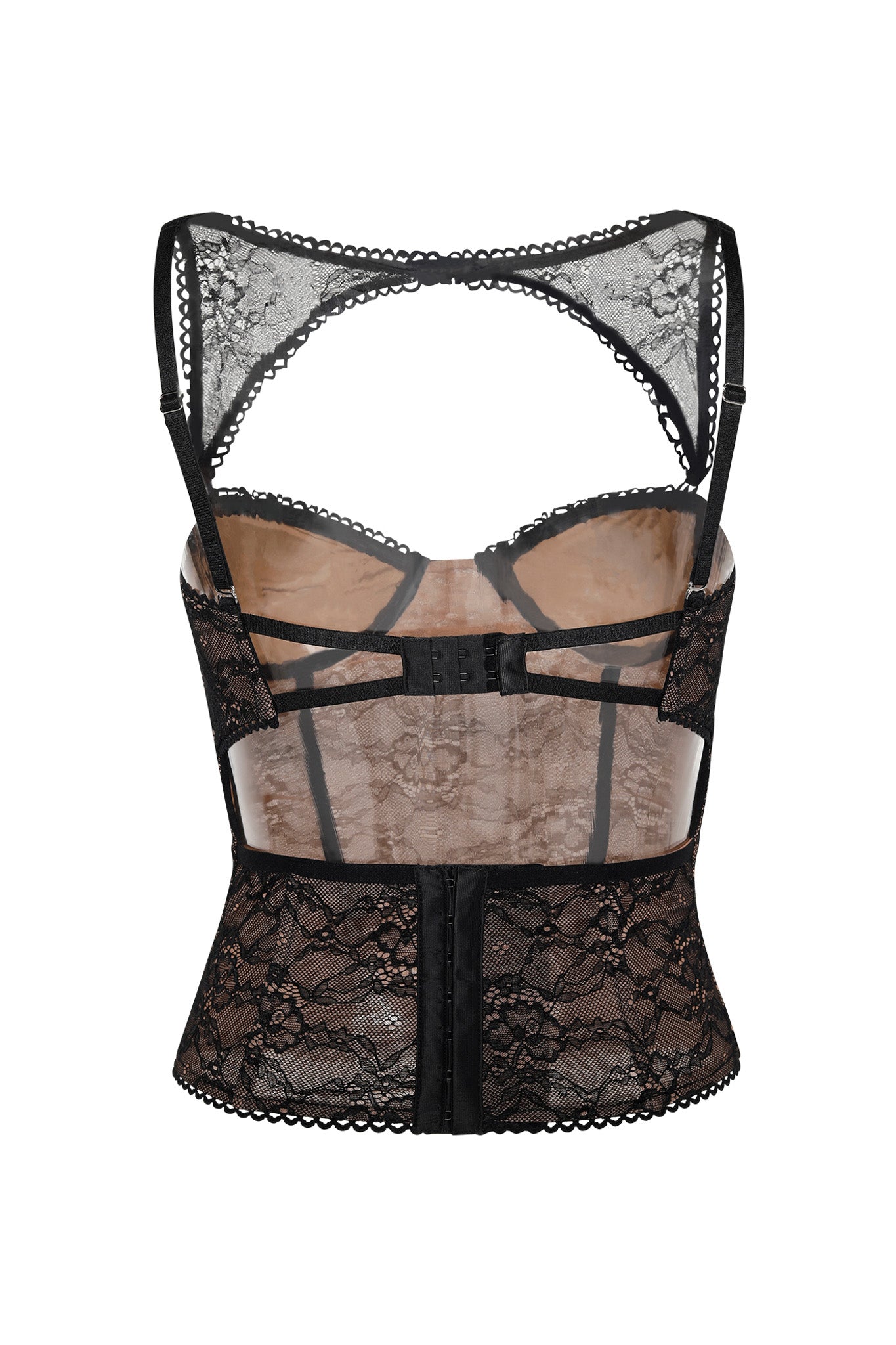 The KIANA BUSTIER - BLACK by I.AM.GIA features adjustable shoulder straps, intricate lace detailing, and transparent panels on the front and back. With underwire cups and a slightly flared bottom hem, it secures with a hook-and-eye closure at the back.