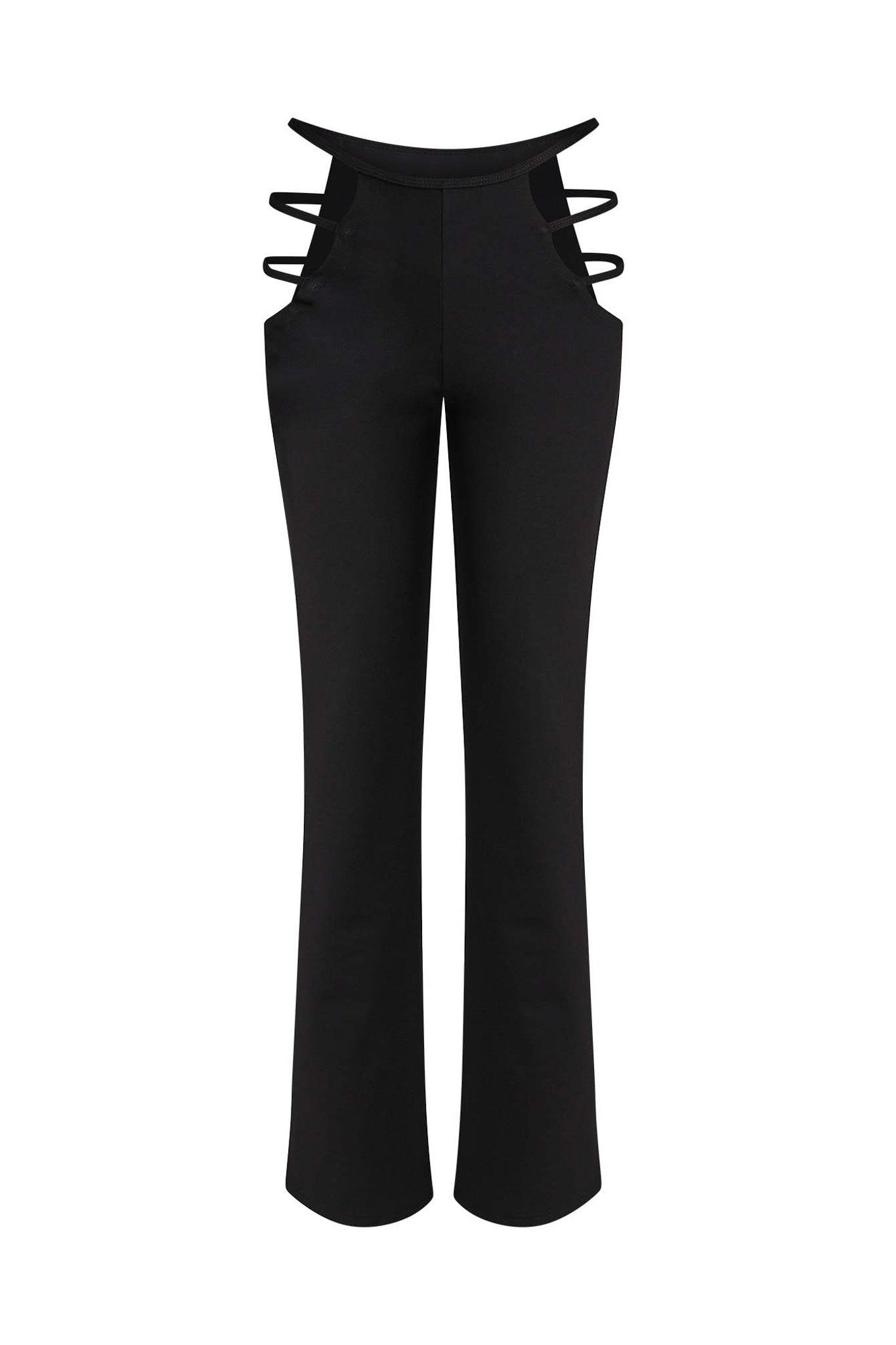 The LUCID PANT - BLACK from I.AM.GIA are high-waisted pants that feature a unique design with three straps on each side near the hips. These straight-leg pants offer a sleek, modern look, with the straps adding a distinctive and stylish touch to the overall design.
