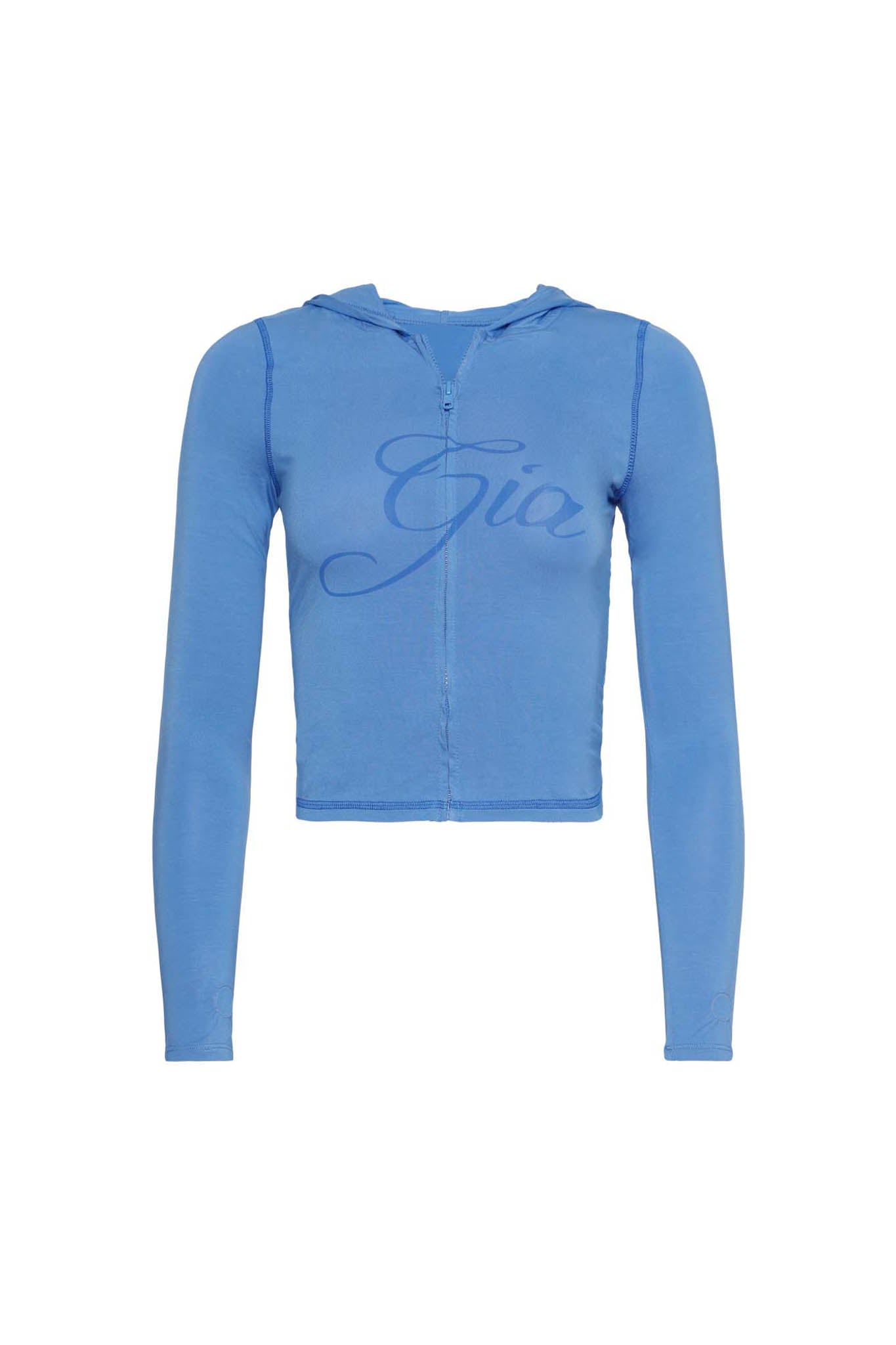 Introducing the Blare Hoodie by I.AM.GIA: a light blue, cropped, long-sleeve zip-up hoodie featuring a matching hood and script lettering on the front that reads "I.AM.GIA" in a slightly darker shade of blue. Made from lightweight material, this stylish hoodie offers both comfort and flair.