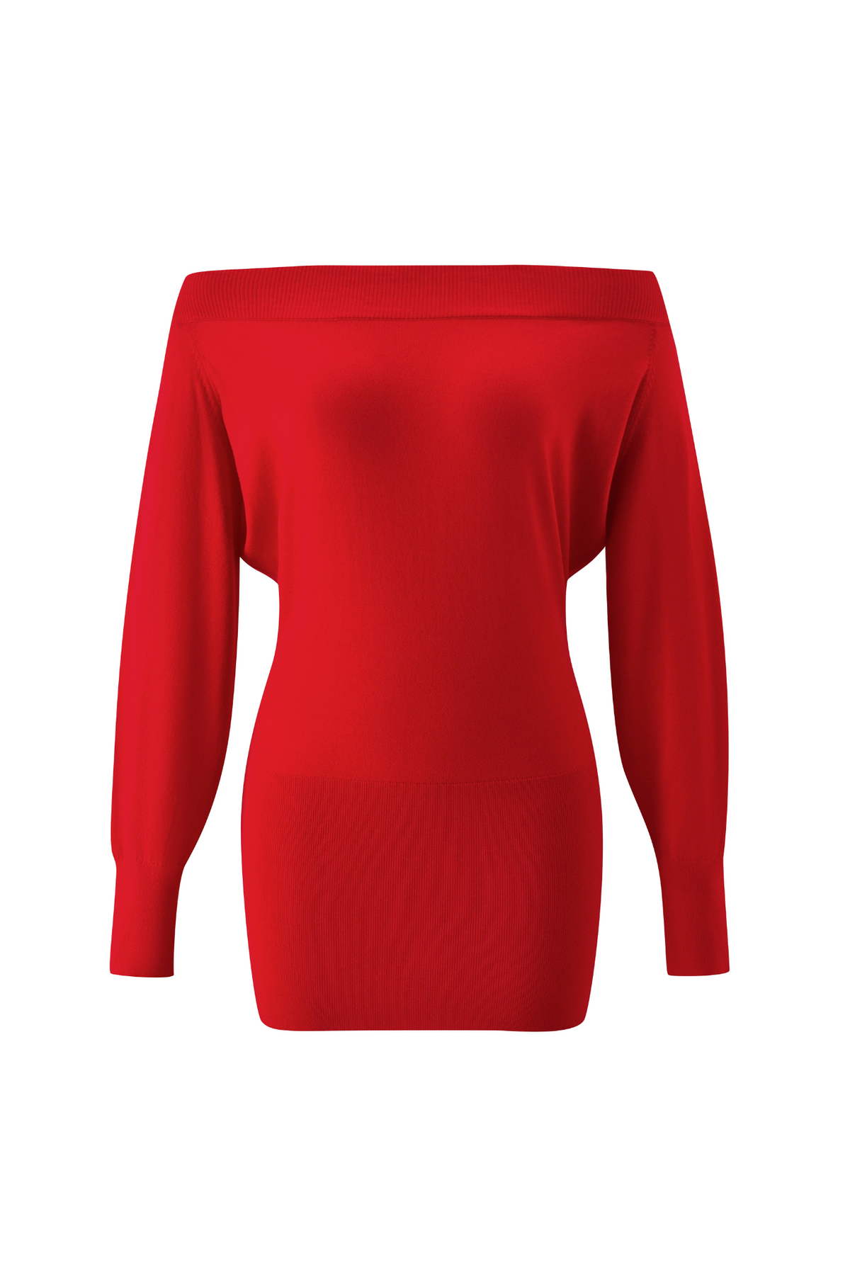 The ADRYANA KNIT DRESS - RED by I.AM.GIA is a long-sleeve, off-the-shoulder red knit mini dress featuring a fitted silhouette, ribbed cuffs, and a straight neckline, displayed on a white background.