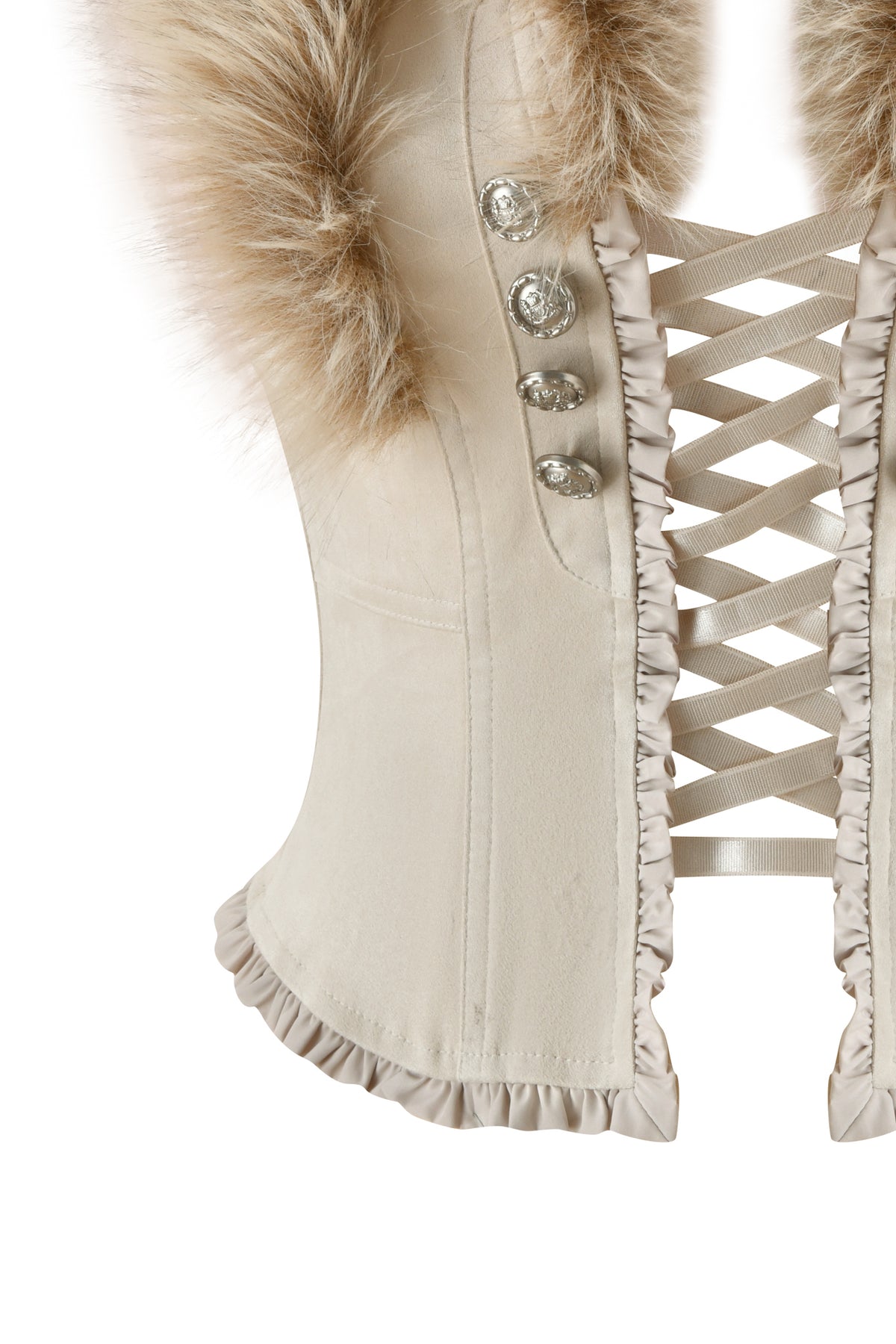 Close-up of the VEYGA TOP in cream by I.AM.GIA, featuring silver buttons, crisscross lacing, ruched satin trim, and an oversized faux fur collar along the top edge.
