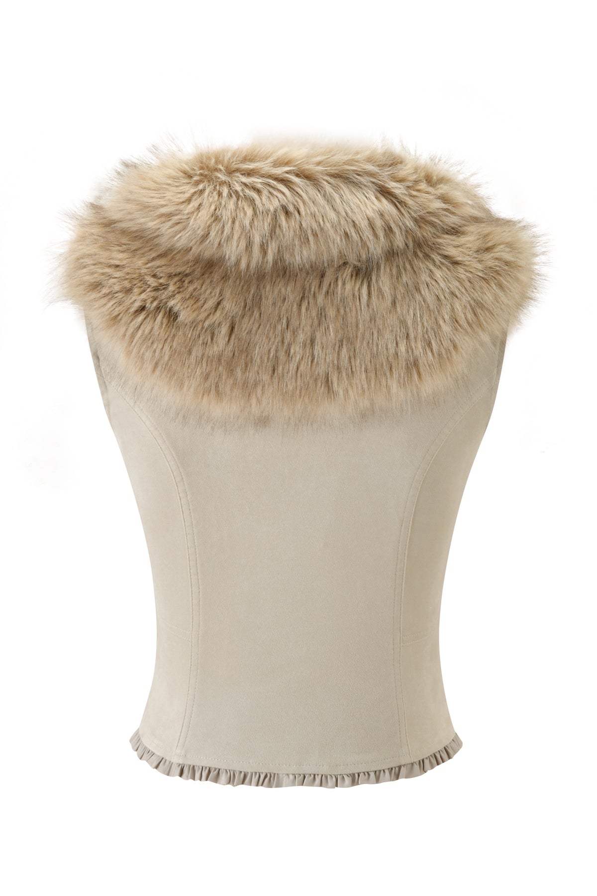 The VEYGA TOP - CREAM by I.AM.GIA is a cream faux suede cropped top with a fitted silhouette, highlighted by an oversized light brown faux fur collar and finished with a subtle ruffled hem, shown against a white background.