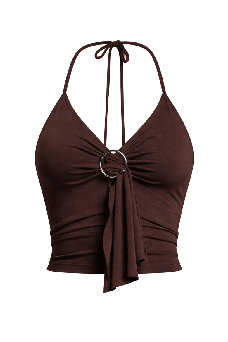 The SIOFRA TOP - BROWN by I.AM.GIA is a brown halter crop with a V-neck, draped ruched front gathered by silver hardware, and a neck tie. Fabric cascades from the ring for added style.