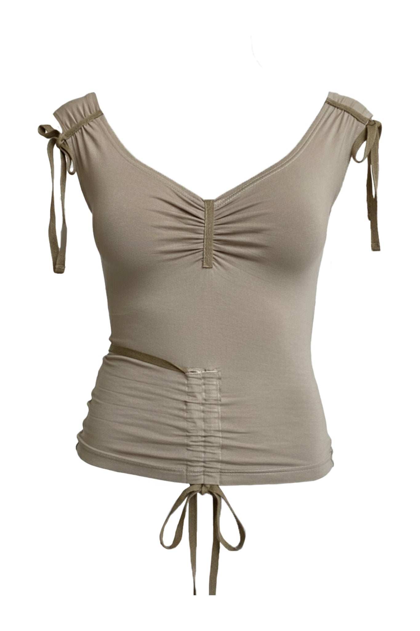 The ASHA TOP - MUSHROOM by I.AM.GIA is a beige fitted short sleeve top with a V-neckline, soft stretchy fabric, ruched front detail, and adjustable drawstring ties at the shoulders and waist.