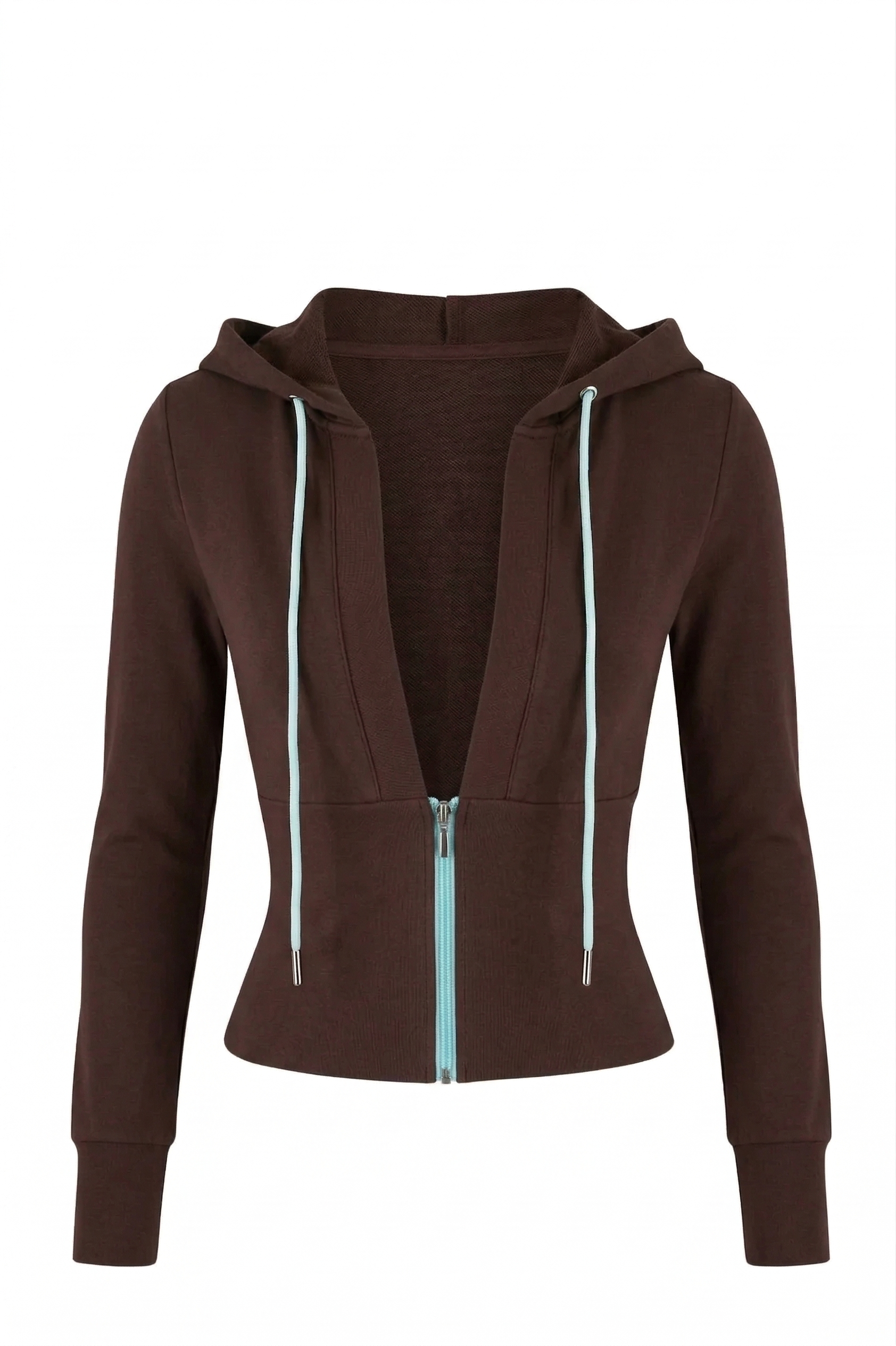 The I.AM.GIA ARLO LONG SLEEVE TRACK JACKET features a brown French terry zip-up design with a hood, light blue drawstrings, matching blue zipper, and plunging V neckline, shown on a plain white background.