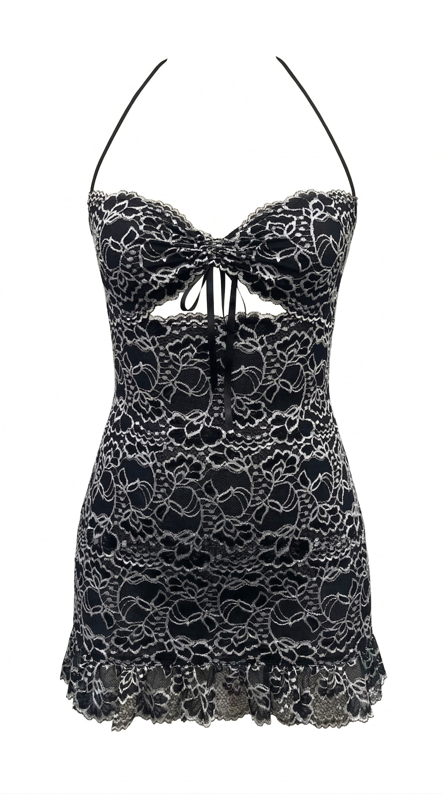 The I.AM.GIA CRYSTAL MINI DRESS in black and white features stretch lace, a halter neckline, front keyhole cutout, bodycon fit, lace-up detail, and ruffled hem, shown on a white background.