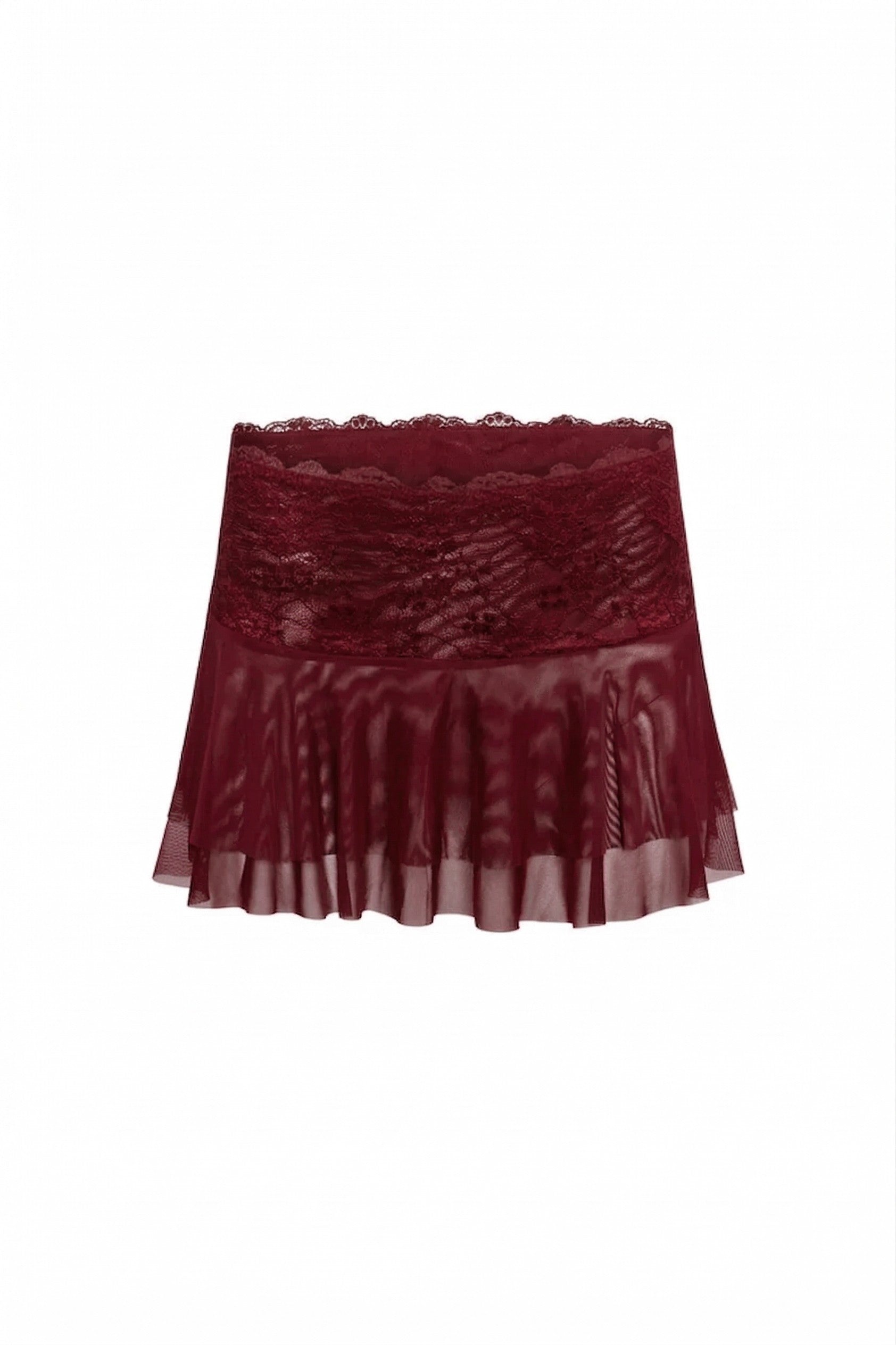 The DEMIE SKIRT - DEEP RED by I.AM.GIA is a low-rise micro mini skirt in burgundy lace and satin, with a sheer ruffled hem and fitted lace waistband for an elegant, feminine look.