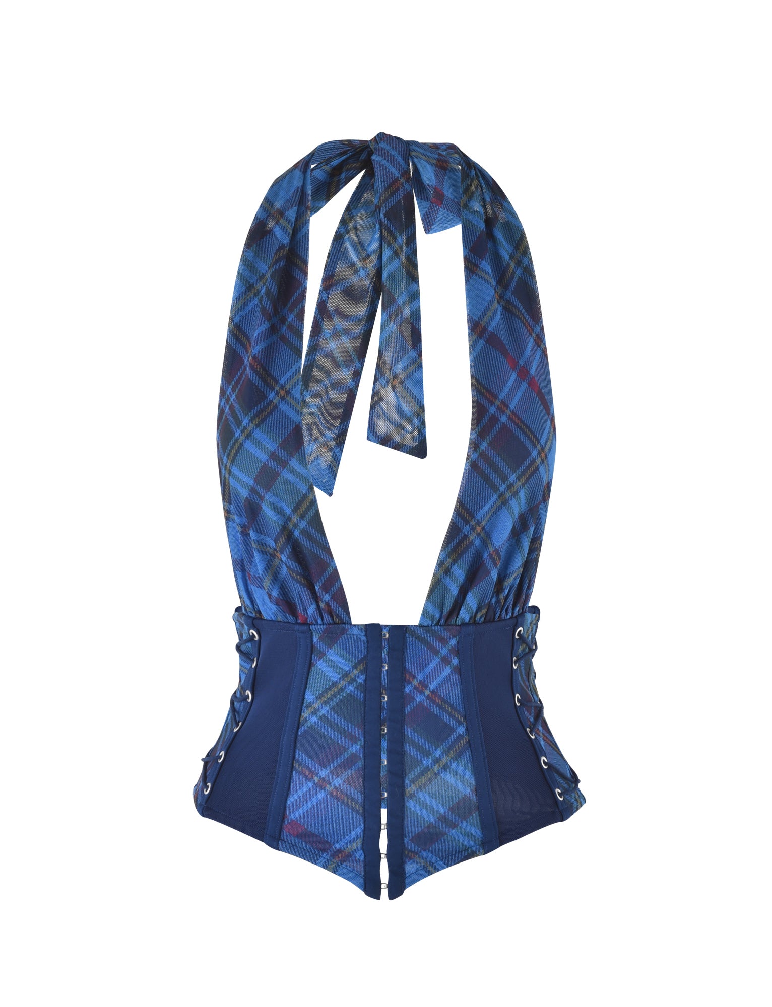 The CELESTINA CORSET - BLUE : PLAID by I.AM.GIA features a deep V neckline, adjustable tie straps at the back of the neck, and a zipper front closure. This blue plaid halter top extends down to a corset-like midsection with lace-up sides for adjustable fitting and added detail.