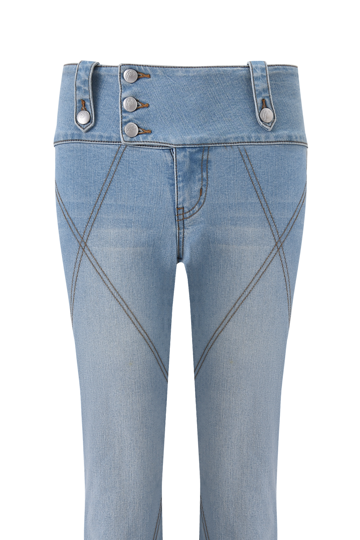 The MALLORY JEAN - LIGHT BLUE DENIM by I.AM.GIA features a high, wide waistband with three buttons, diagonal front seams, faded wash, and visible stitching.