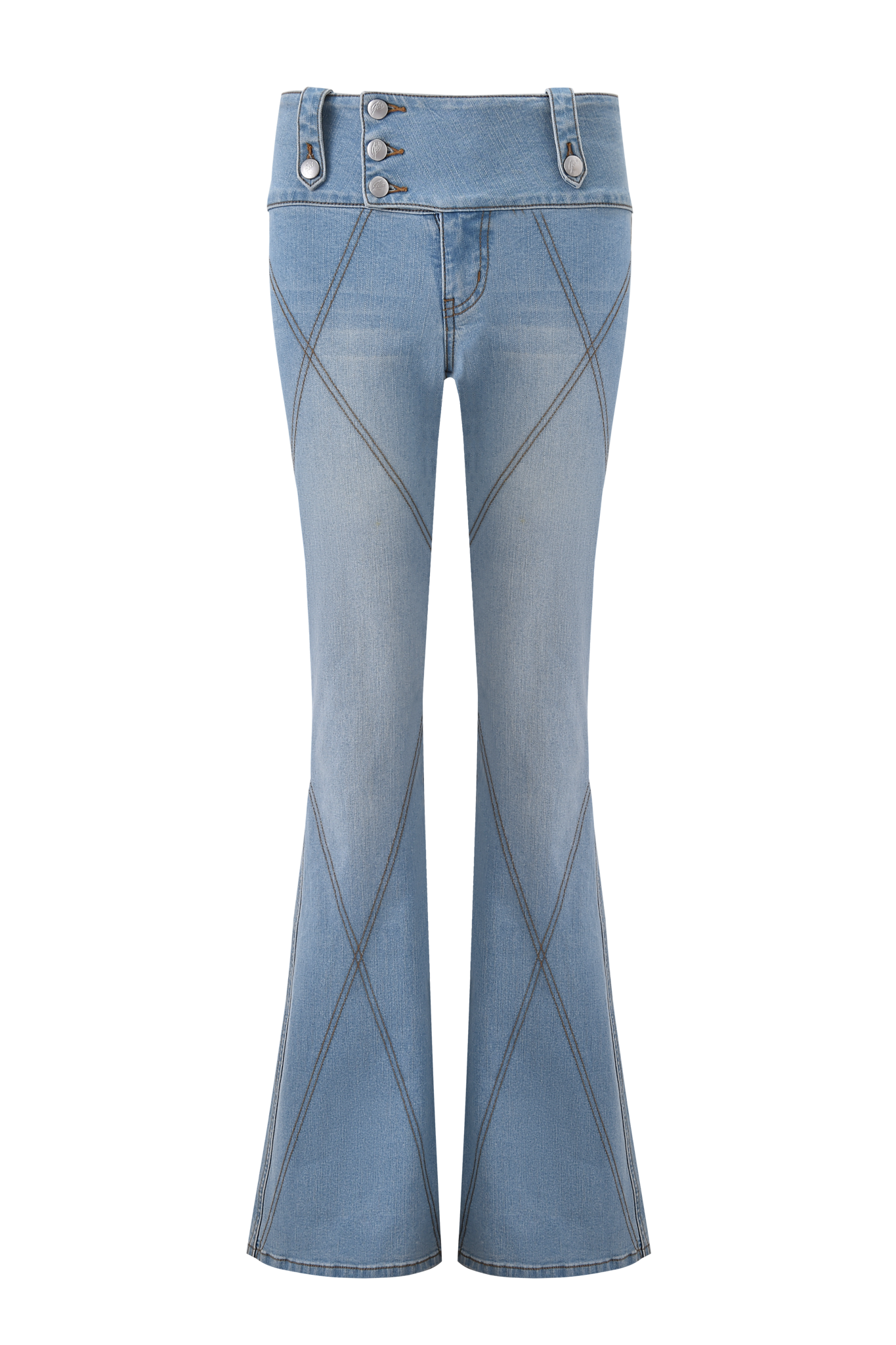 The I.AM.GIA MALLORY JEAN - LIGHT BLUE DENIM features a flared silhouette, dark crisscross stitching, a high waist, and an asymmetrical triple-button waistband closure.
