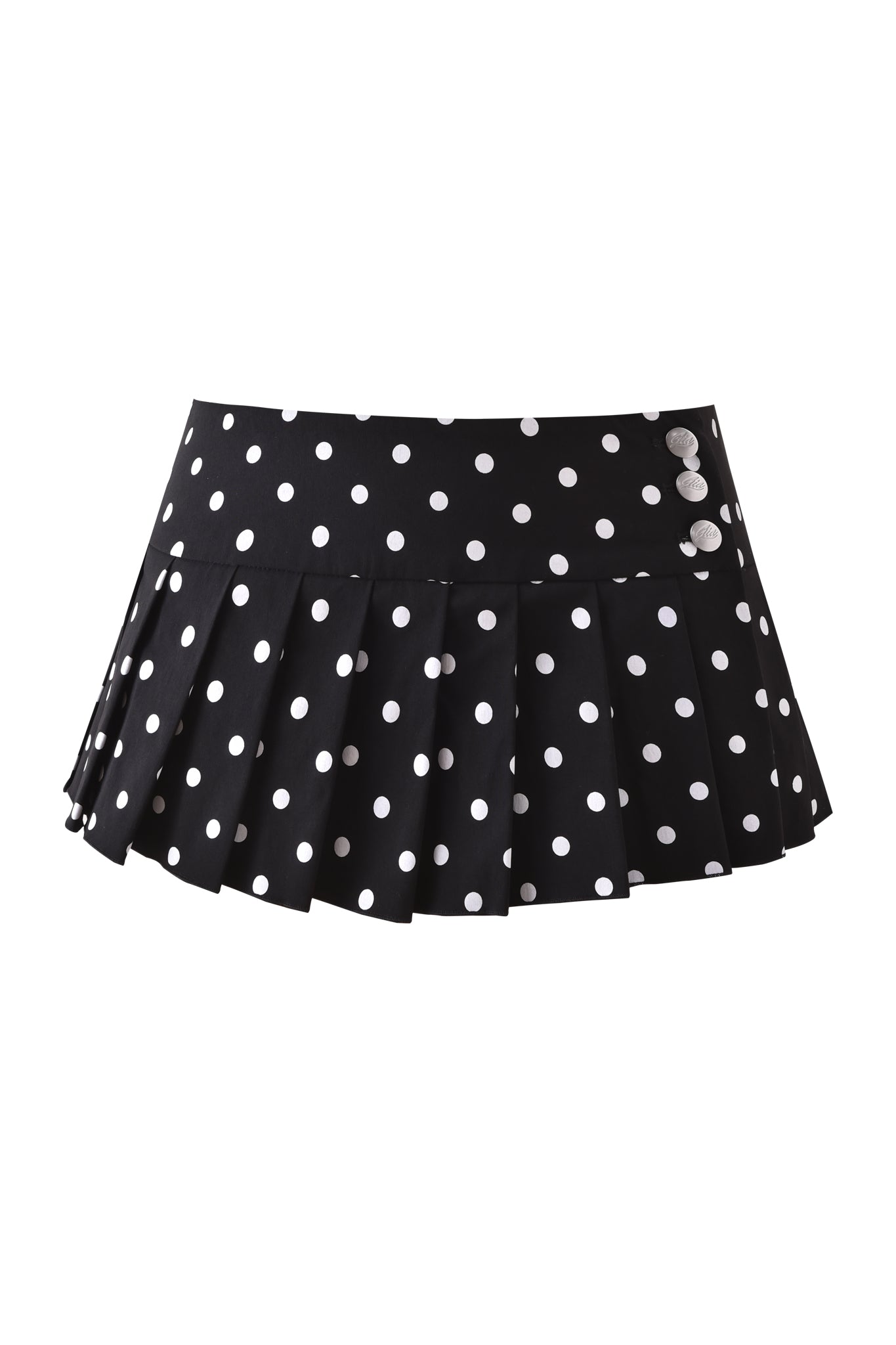 The REMINI SKORT - BLACK POLKADOT by I.AM.GIA features crisp pleats, two white waistband buttons, and a playful micro mini design—perfect for chic, versatile styling.