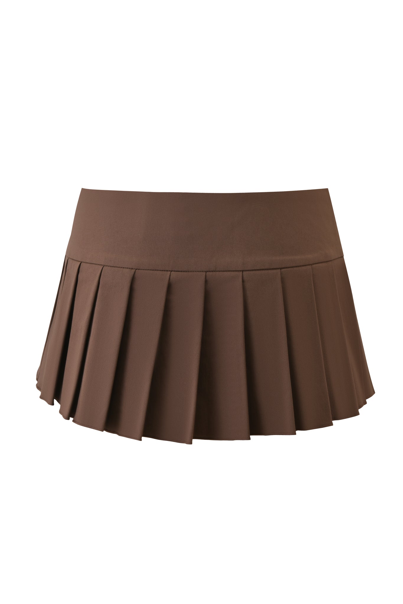 The REMINI SKORT - BROWN by I.AM.GIA is a chocolate brown pleated micro mini skort with a wide waistband, shown against a plain white background.