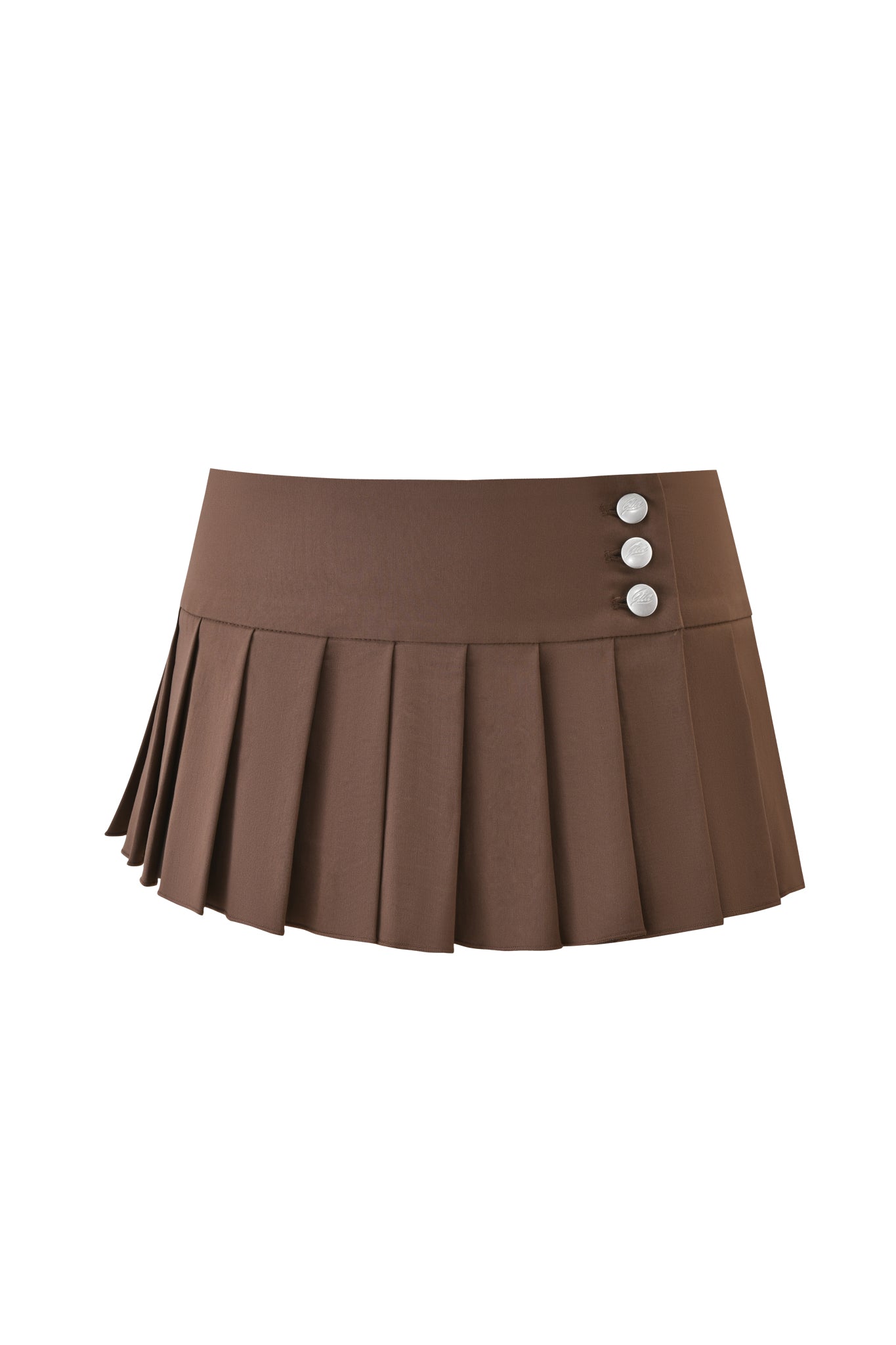 The I.AM.GIA REMINI SKORT - BROWN is a chocolate brown pleated micro mini skort with three white buttons on the right side of the waistband, shown against a white background.