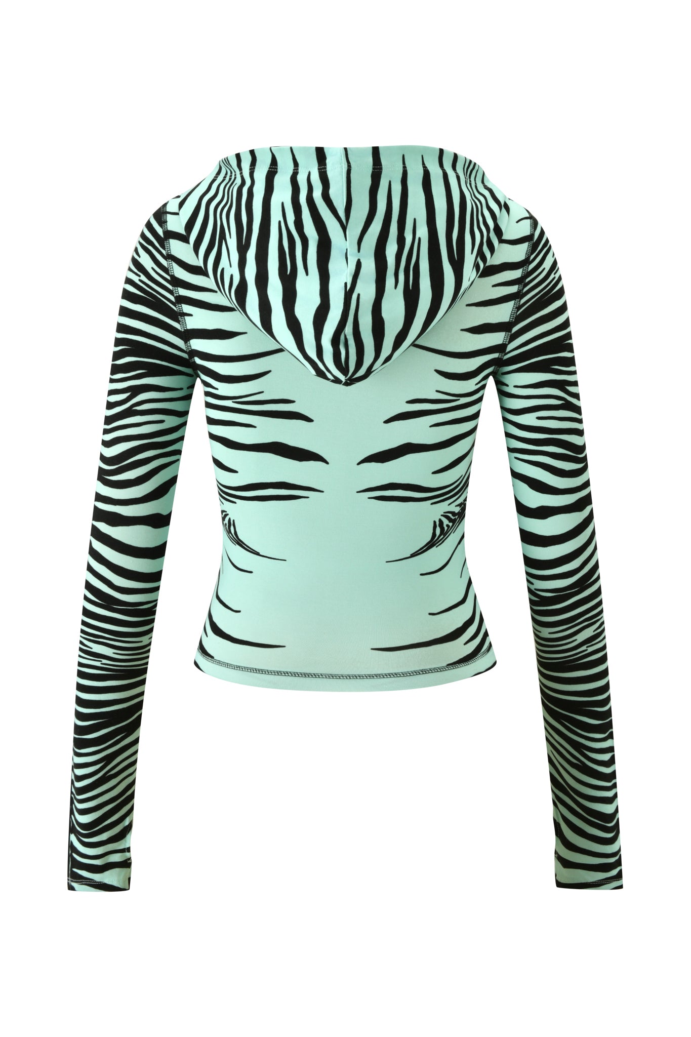 A mint green, long-sleeve BLARE HOODIE - AQUA FINE LINE ZEBRA by I.AM.GIA, featuring an Aqua Fine Line Zebra print on soft bamboo fabric, shown from the back.