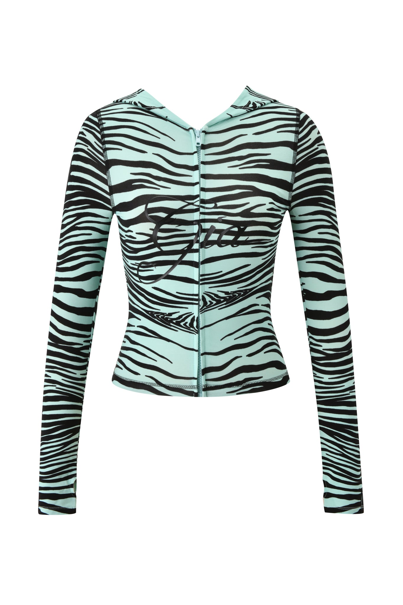 The BLARE HOODIE - AQUA FINE LINE ZEBRA by I.AM.GIA is a light blue, long-sleeve fitted top crafted from soft bamboo fabric. It showcases an Aqua Fine Line Zebra print with black stripes, a front zipper, and features black script text across the chest.