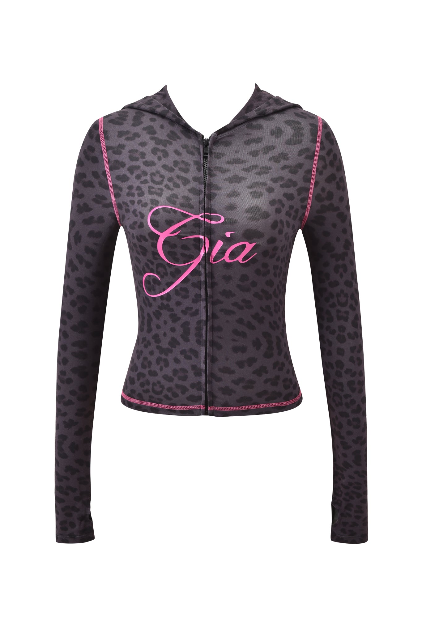 The BLARE HOODIE - PANTHER by I.AM.GIA is a black and gray leopard print bodycon zip hoodie with long sleeves, pink stitching, and "Gia" in bold pink script across the chest. Only the jacket is shown; mannequin not included.