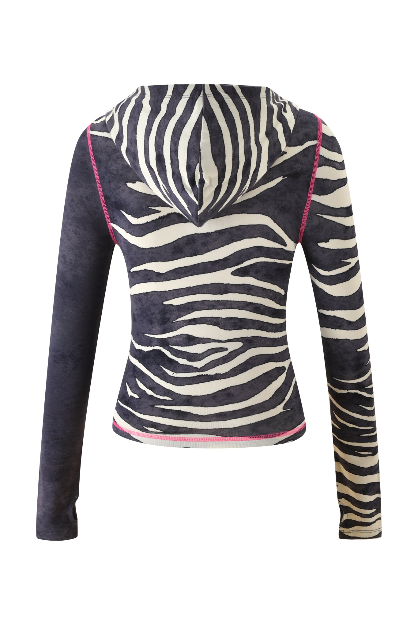 The BLARE HOODIE - BLACK WILD SIDE by I.AM.GIA features a long-sleeve, hooded design with a striking black and white zebra print, pink seam accents, and a fitted silhouette. Shown from the back, this bold hoodie is perfect for making a standout style statement.