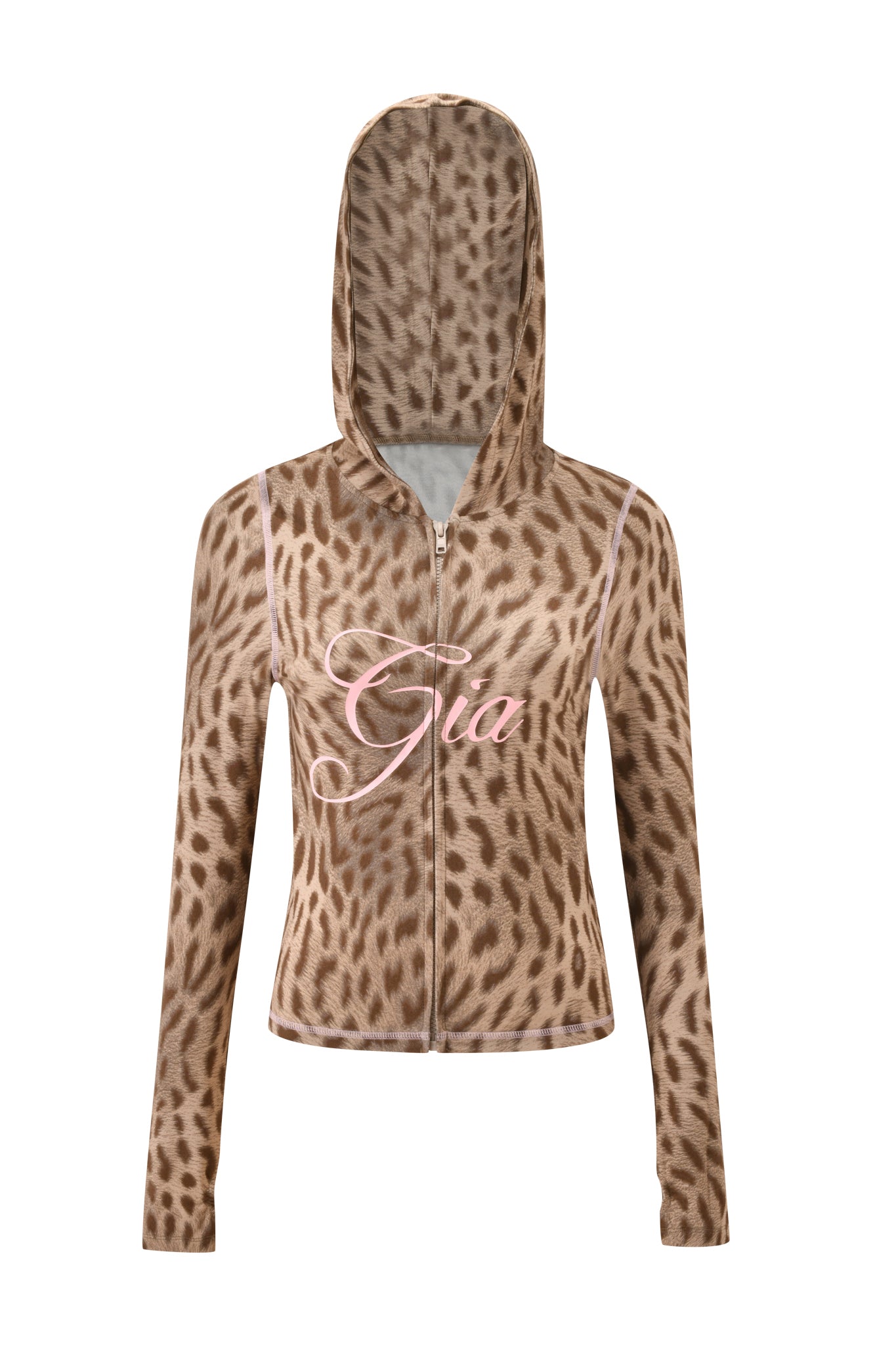 The BLARE HOODIE - BLAZE CHEETAH by I.AM.GIA is a brown bamboo zip-up hoodie with a cheetah print, hood, and "Gia" in light pink script across the chest.