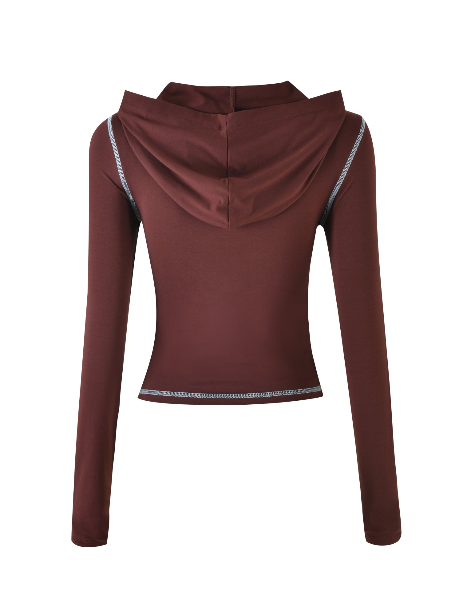 The BLARE HOODIE - BROWN from I.AM.GIA is shown from the back. It features a fitted silhouette with seams accented by contrasting gray stitching and has no visible branding or design on the back. The hood is down, laying flat against the back.