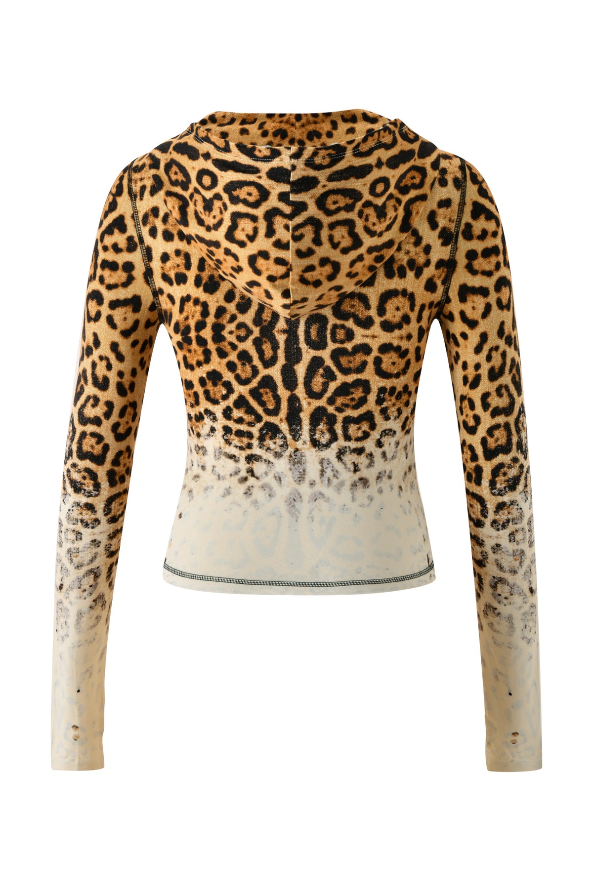 Back view of the BLARE HOODIE - CREAM FADED PANTHERA by I.AM.GIA, a long-sleeve hoodie crafted from soft bamboo fabrication, featuring a striking panthera print that fades to white near the hem.