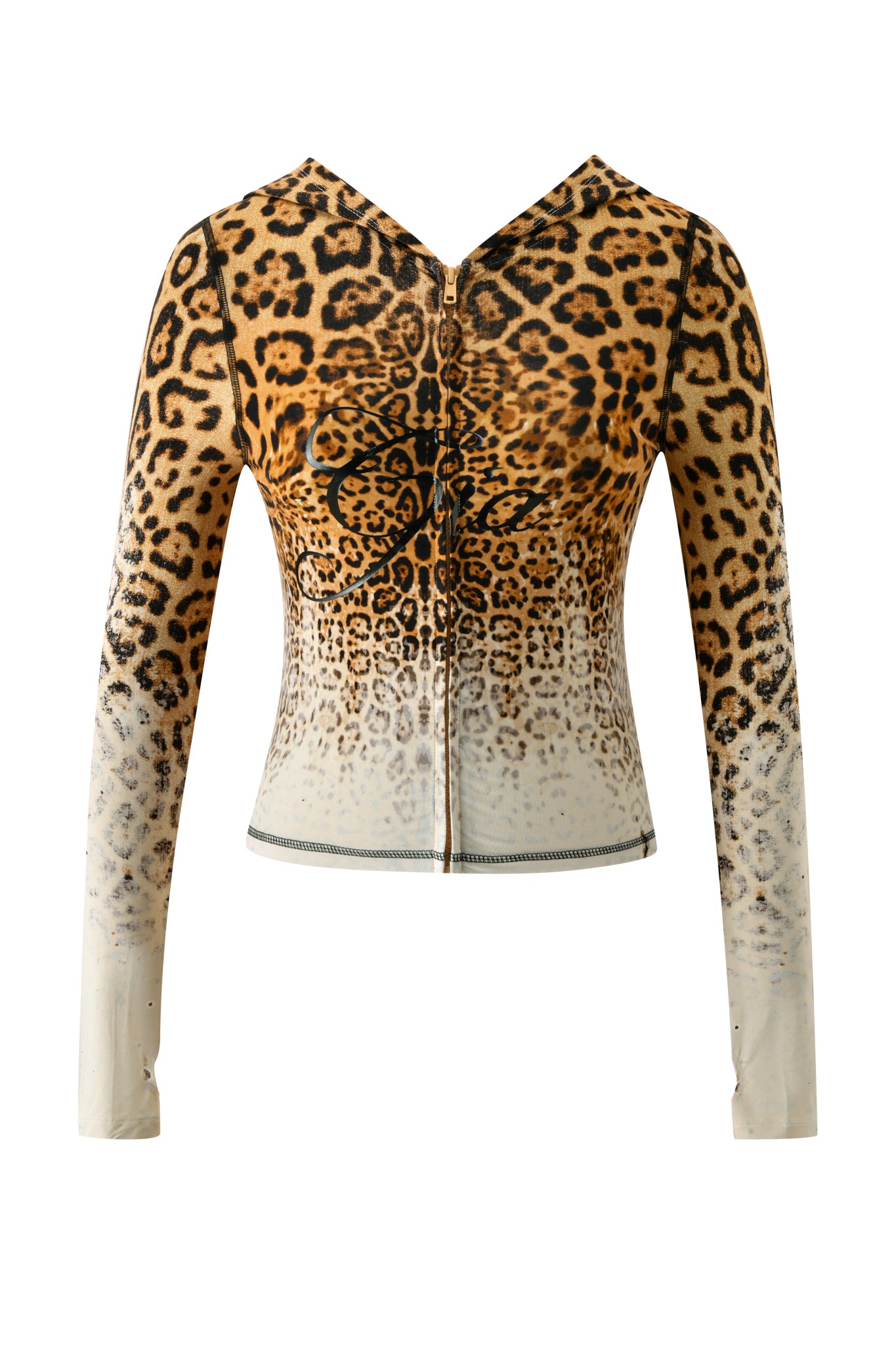 Introducing the BLARE HOODIE - CREAM FADED PANTHERA by I.AM.GIA: a long-sleeve zip-up hoodie featuring a striking panthera animal print that gracefully fades to cream at the hem and wrists, expertly crafted from soft bamboo fabric for all-day comfort.