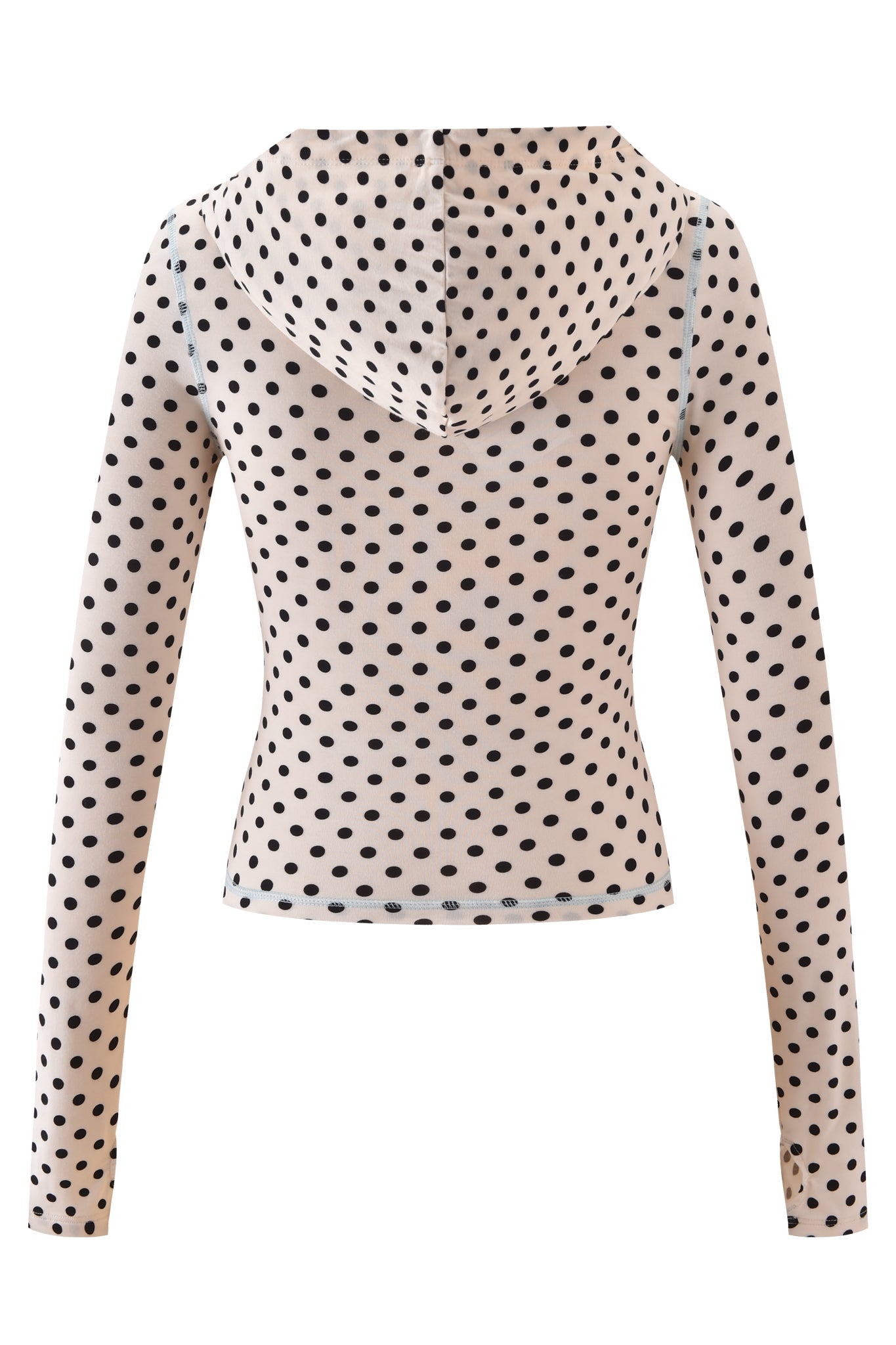 The BLARE HOODIE - CREAM POLKA DOT by I.AM.GIA features black polka dots, a bodycon fit, and a cropped length for a sleek, modern look; shown here from the back.
