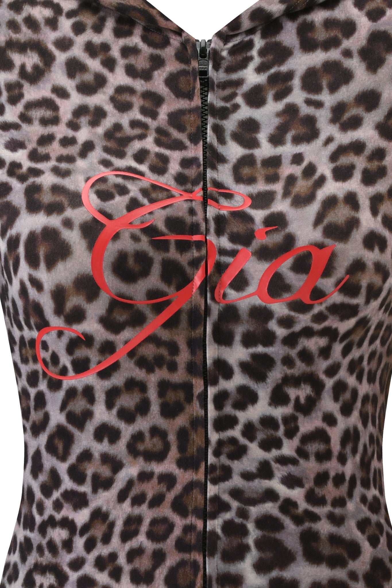 Close-up of the BLARE HOODIE - DARK LEOPARD by I.AM.GIA featuring a dark leopard print, central zipper, and "Gia" in bold red cursive across the fabric.