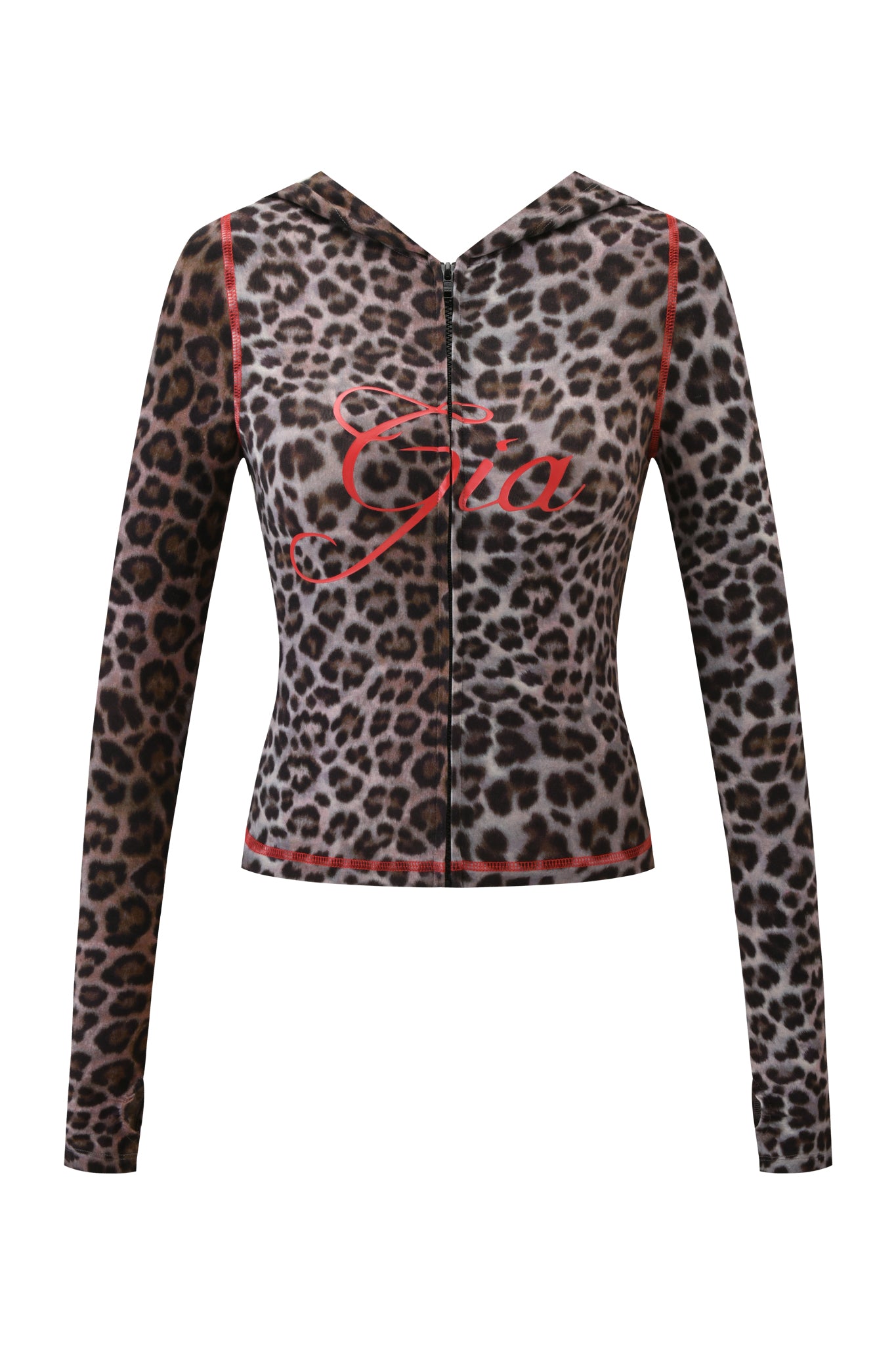 The I.AM.GIA BLARE HOODIE - DARK LEOPARD is a long-sleeved, fitted bodycon hoodie with a brown and black leopard print, red seams, and "Gra" scripted in red across the chest.