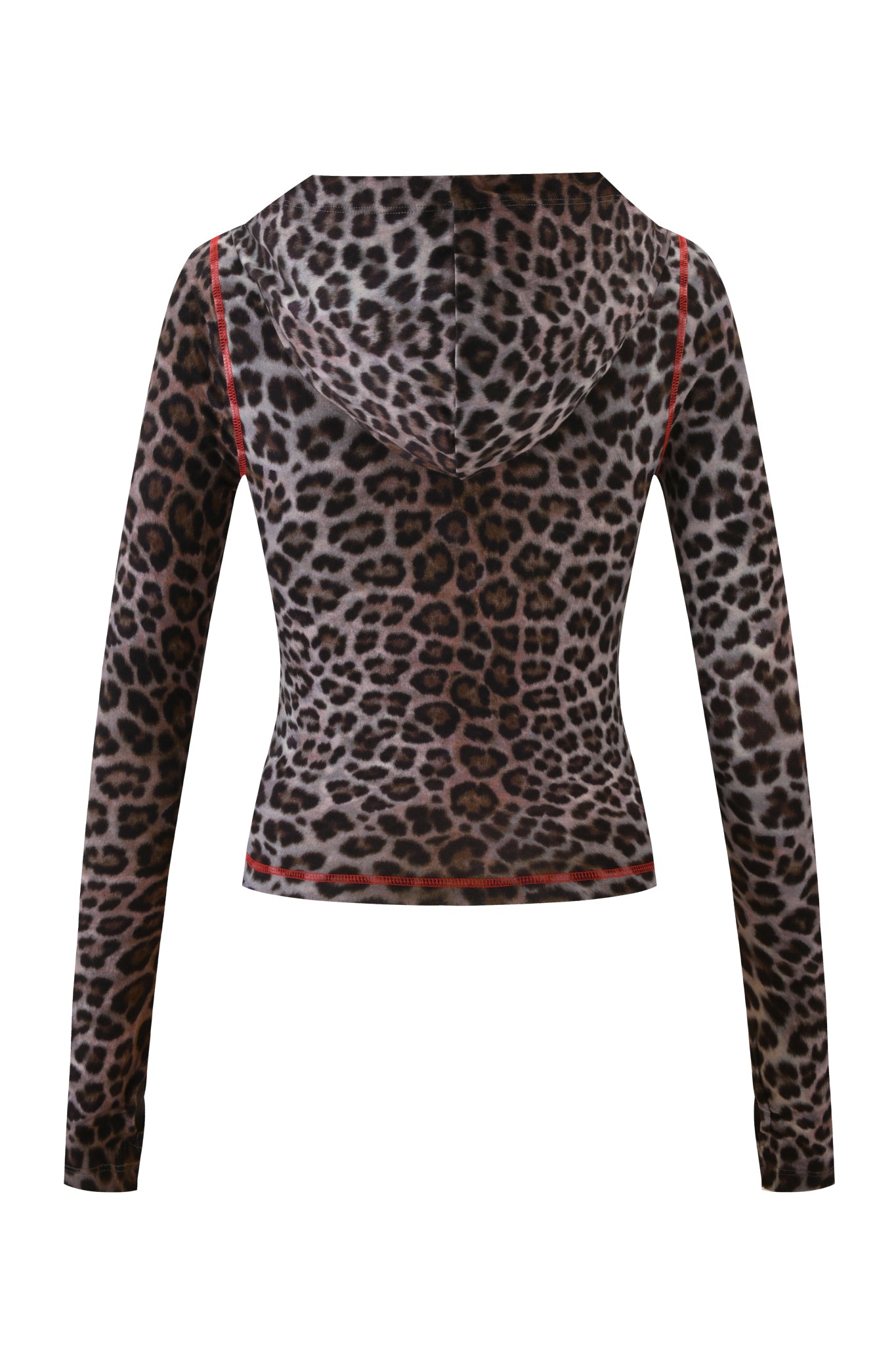 The I.AM.GIA BLARE HOODIE - DARK LEOPARD is a long-sleeve, hooded top featuring a dark leopard print and red stitching, shown from the back.