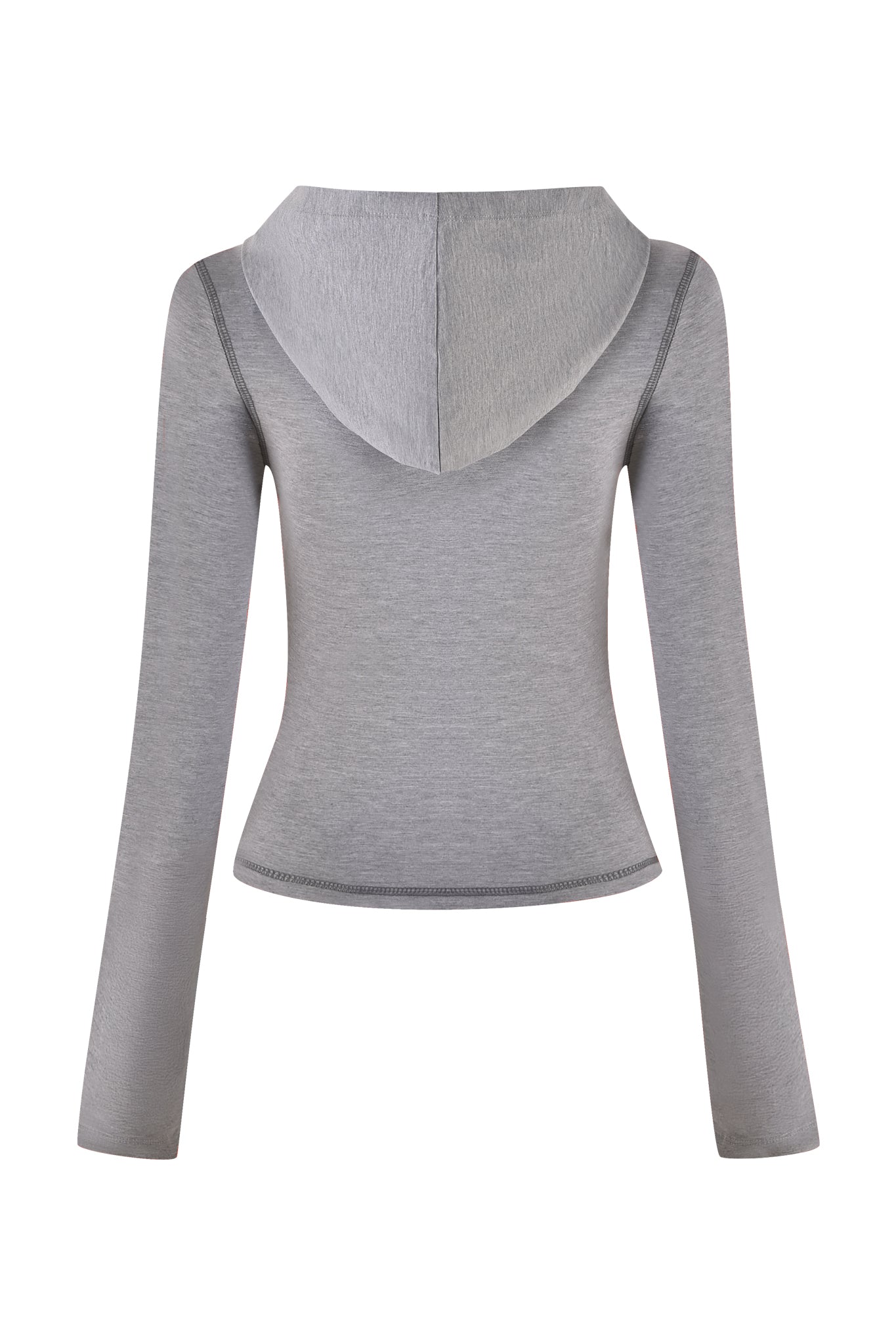 Back view of the BLARE JERSEY HOODIE - GREY in heather grey by I.AM.GIA. This fitted, long-sleeve hoodie features a hood, visible seam details, and a plain design with no visible logos or patterns.
