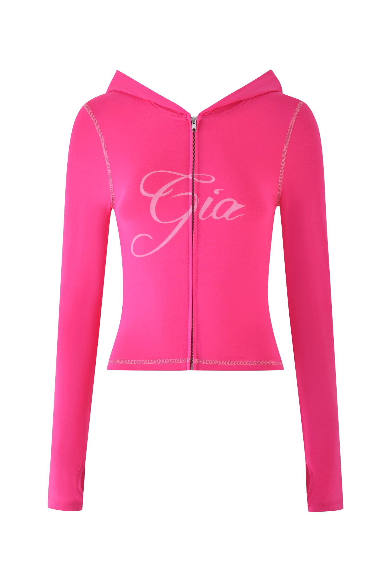 The BLARE HOODIE - PINK from I.AM.GIA in hot pink has a front zipper and "Gia" in white cursive on the chest. Its sleek, bodycon fit adds chic to casual wear.