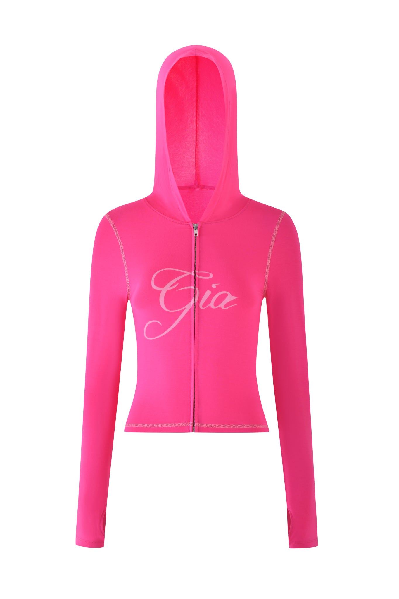 Introducing the BLARE HOODIE - PINK from I.AM.GIA, a hot pink hooded jacket with a front zipper and long sleeves. "Gia" is elegantly printed in white cursive across the chest, adding a chic touch to its trendy style.