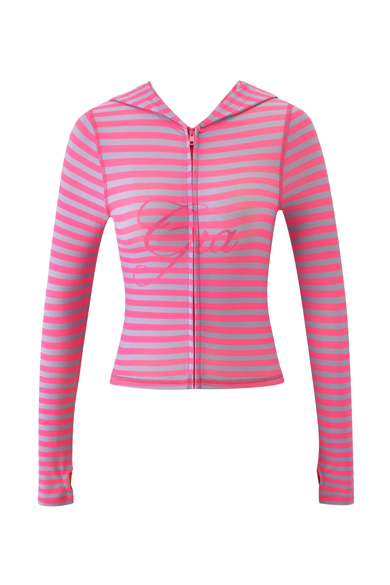 The I.AM.GIA BLARE HOODIE - HOT PINK STRIPE is a long-sleeve, zip-up cropped hoodie with pink and grey stripes and "Gia" in cursive on the chest—perfect for standout casual style.
