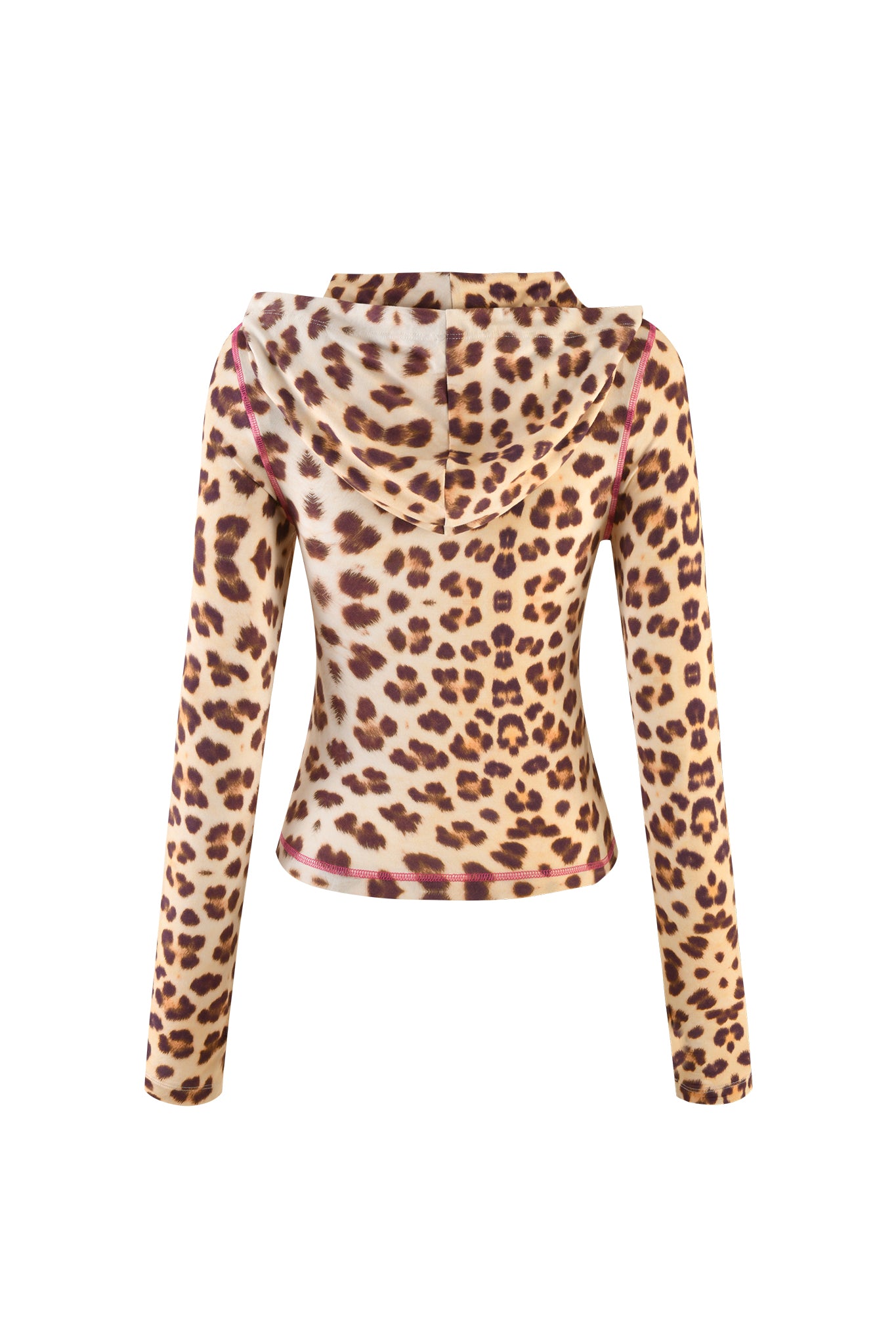 A back view of the BLARE HOODIE - NEUTRAL : LEOPARD : WILD CARD, a long-sleeve, custom leopard print crop top with a hood by I.AM.GIA. The fabric showcases black and brown spots on a beige background, accented with pink seam details along the sleeves and hood edges.