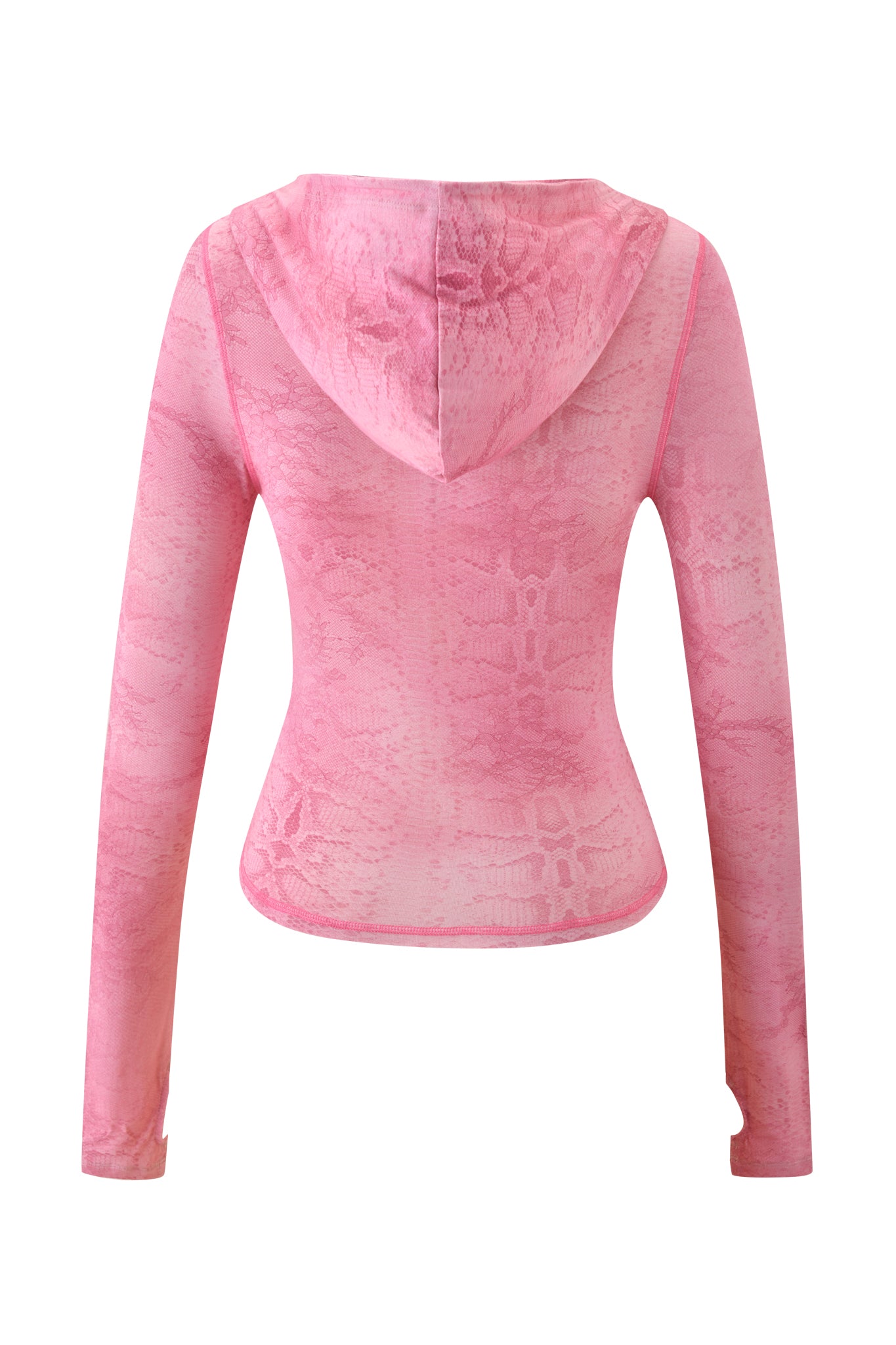 The I.AM.GIA BLARE HOODIE in Light Pink Serpentine features long sleeves, a fitted silhouette, and a subtle serpentine print. Made from lightweight bamboo fabric, it appears slightly sheer—ideal for effortless layering. Shown from the back.