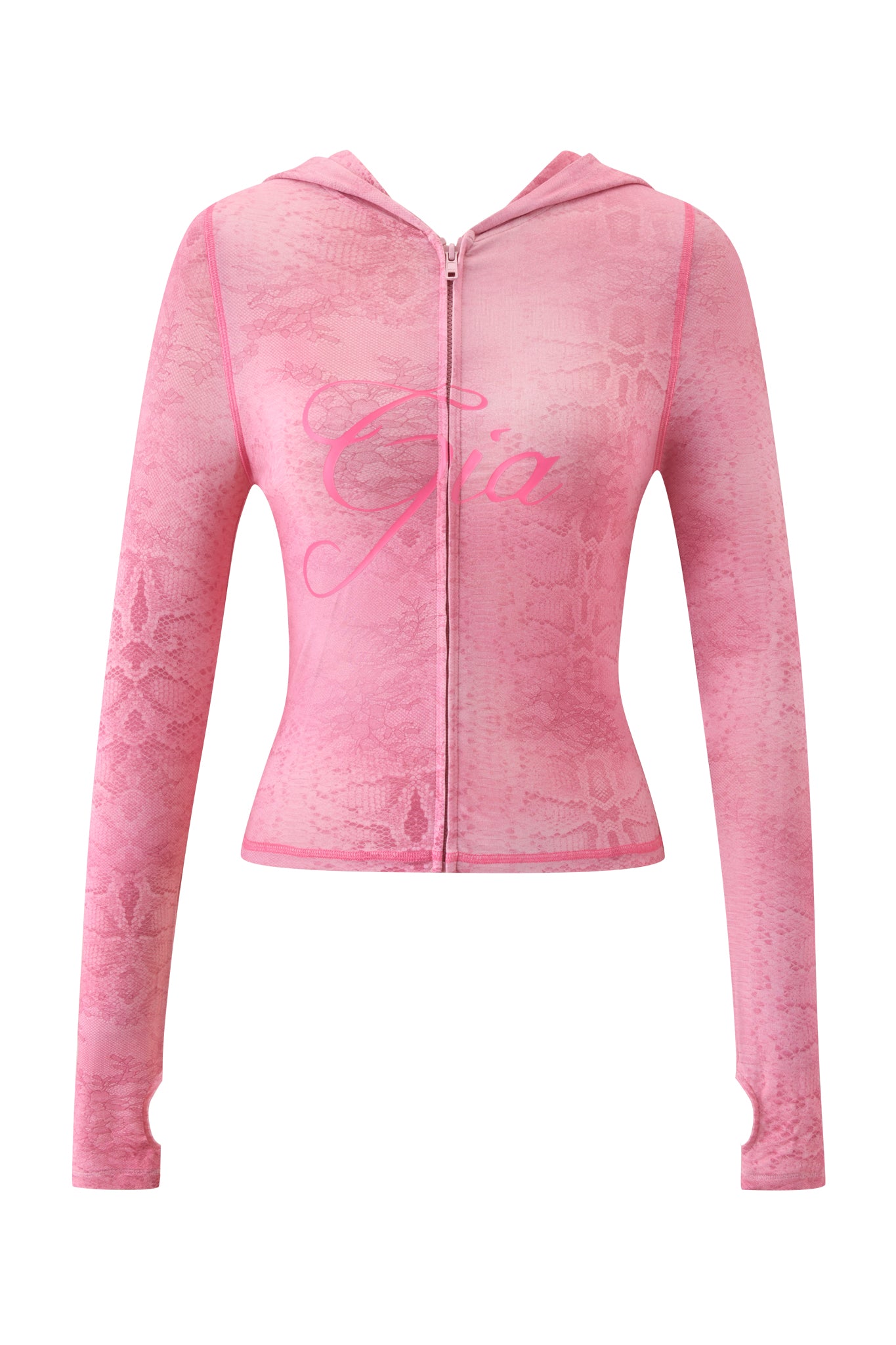 The I.AM.GIA BLARE HOODIE - LIGHT PINK SERPENTINE features a fitted, long-sleeve design with a subtle Pink Serpentine print, zip-up front, and bold "Gia" script on soft bamboo fabric for comfort.