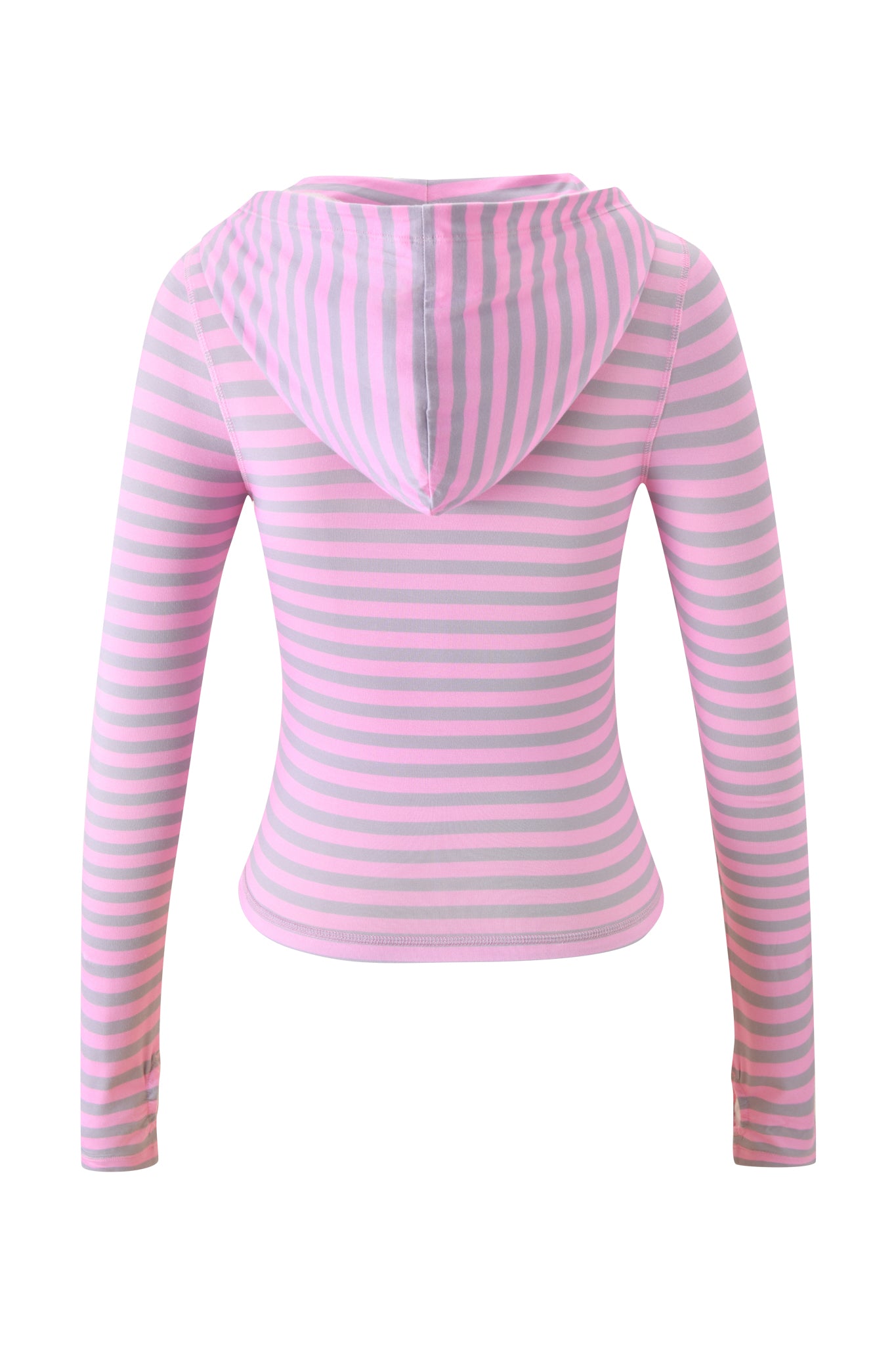 The I.AM.GIA BLARE HOODIE - LIGHT PINK STRIPE is a fitted bamboo hoodie with long sleeves, a centered hood, and horizontal pink and light gray stripes, shown from the back for stylish comfort.
