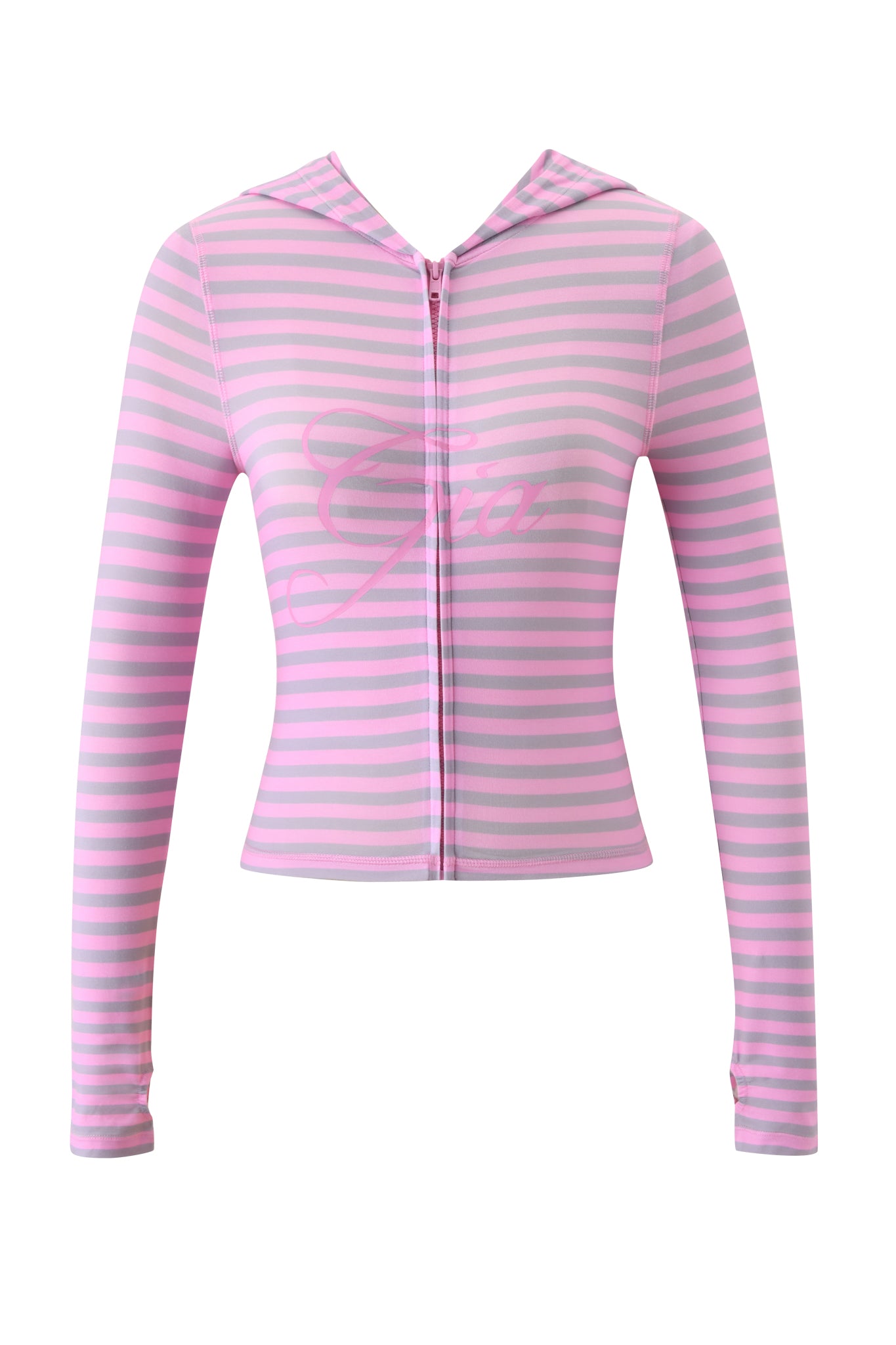 The I.AM.GIA BLARE HOODIE - LIGHT PINK STRIPE is a long-sleeve, cropped hoodie with pink and light purple stripes, a front zipper, hood, and subtle chest script.
