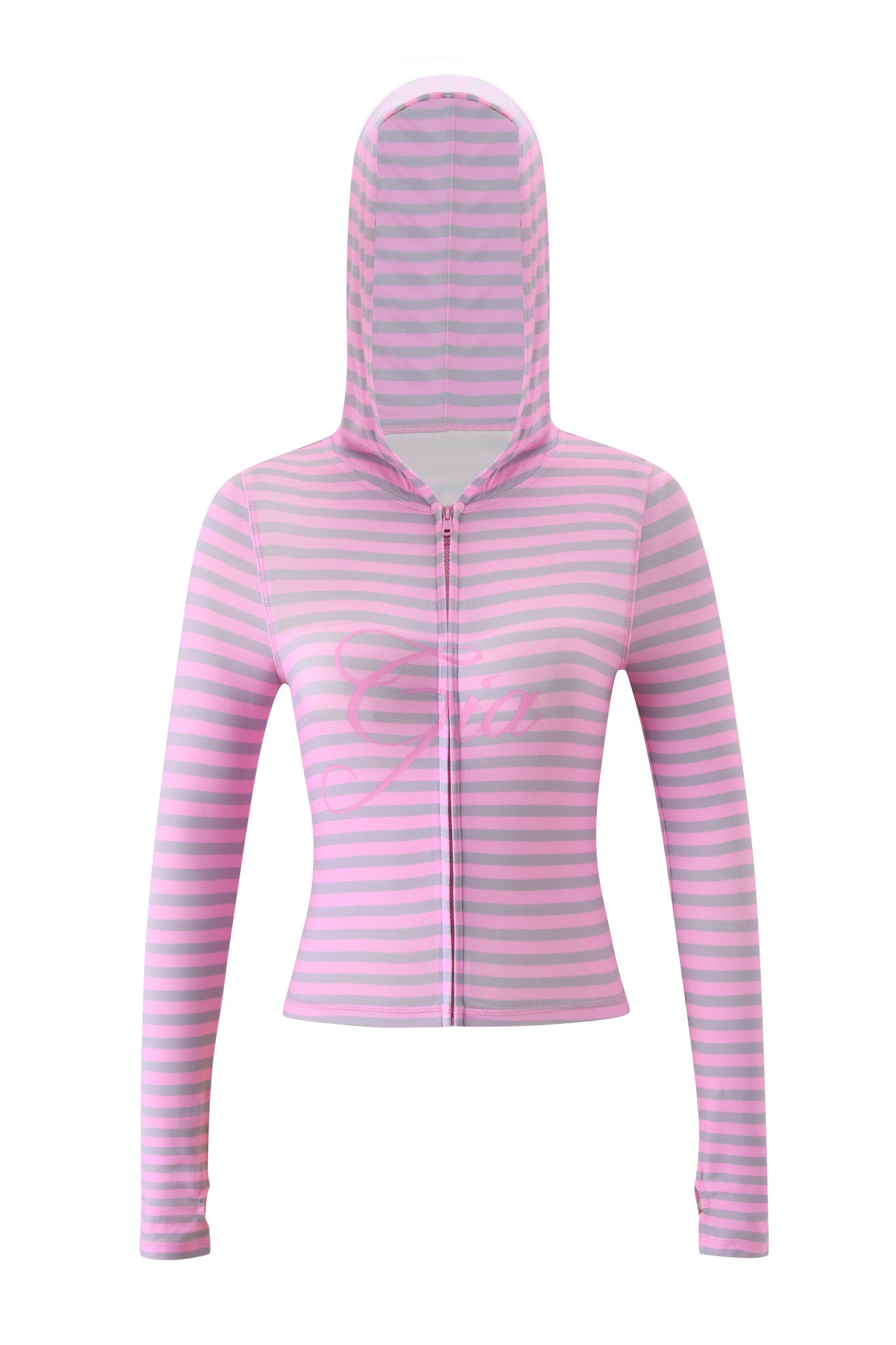 The I.AM.GIA BLARE HOODIE - LIGHT PINK STRIPE features pink and grey stripes, long sleeves, and a hood, shown against a plain white background.