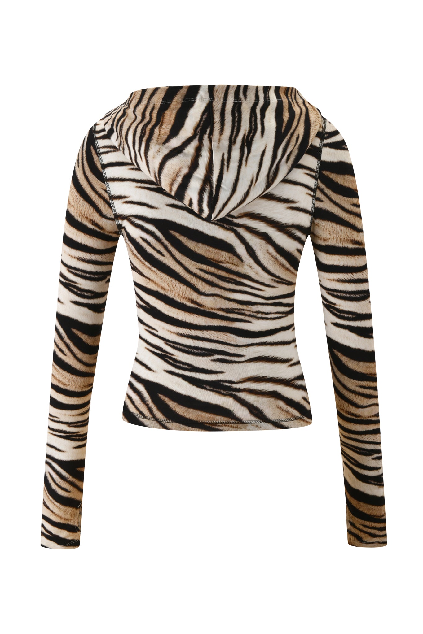 The I.AM.GIA BLARE HOODIE – LIGHT TIGRESS is a fitted, long-sleeve hooded top with bold black, brown, and white tiger stripes, shown flat from the back—ideal for fans of trend-setting I.AM.GIA hoodie styles.