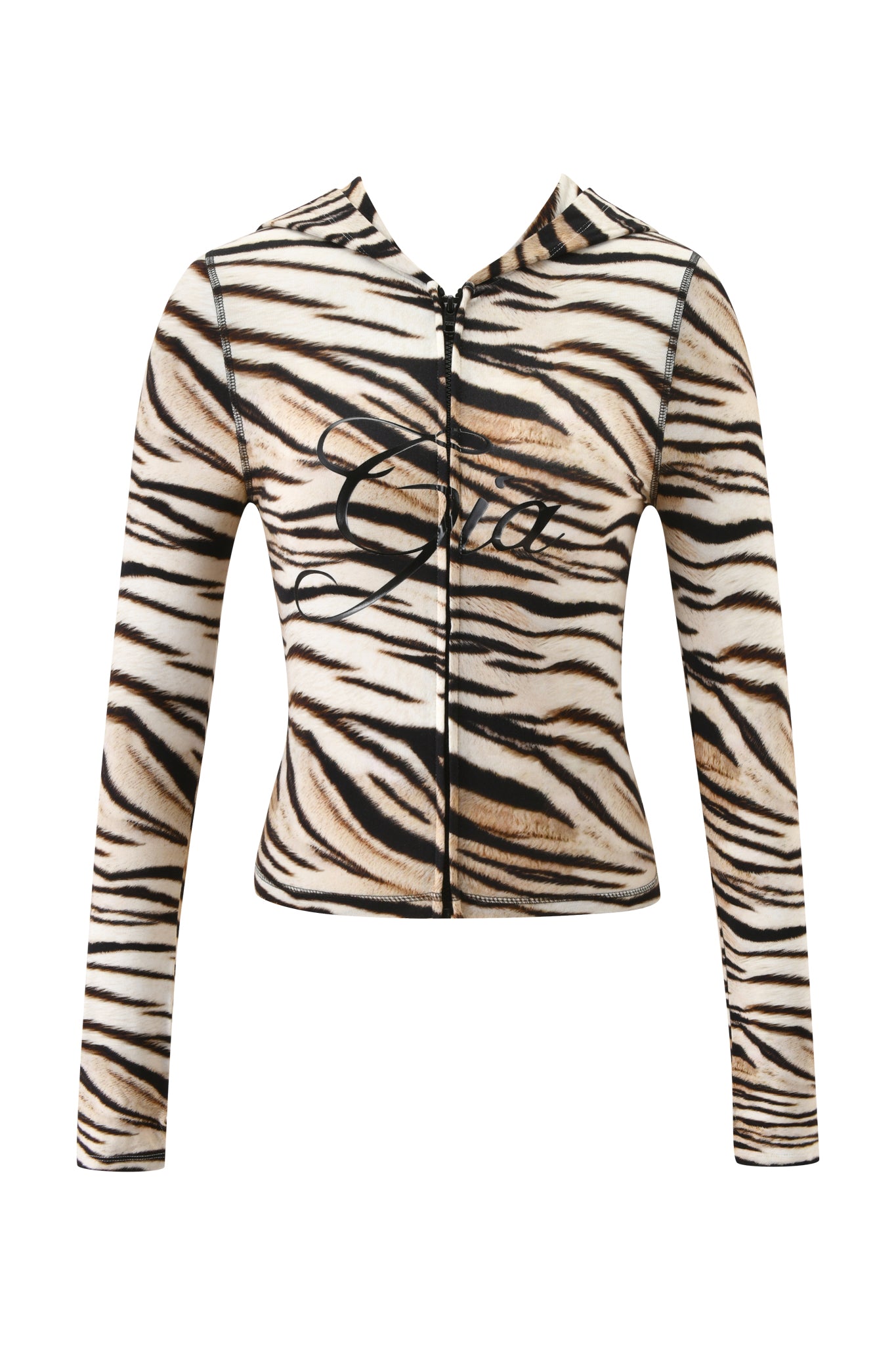 The I.AM.GIA BLARE HOODIE - LIGHT TIGRESS is a long-sleeve, zip-up hoodie with a black and white tiger stripe pattern and "Gia" printed across the chest.