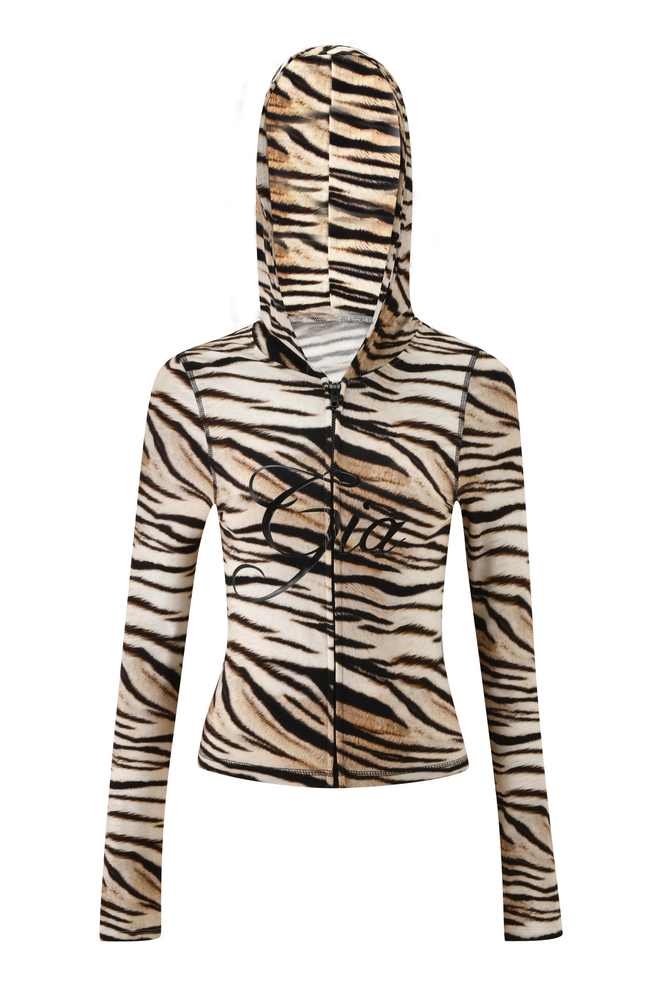 The I.AM.GIA BLARE HOODIE - LIGHT TIGRESS is a fitted, long-sleeve zip-up hoodie with a brown, black, and white tiger stripe pattern and "One" in black script on the front.