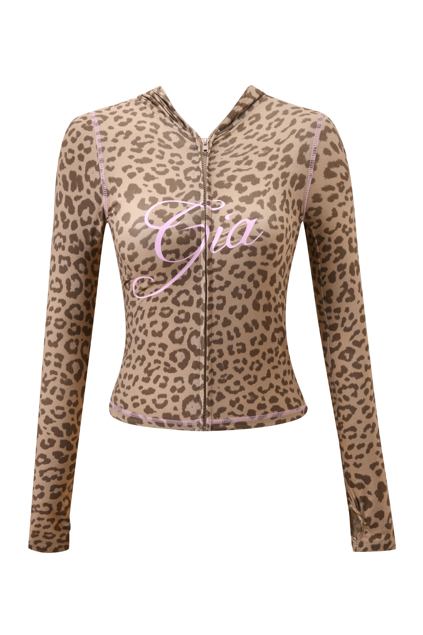 The BLARE HOODIE - MOCHA LEOPARD by I.AM.GIA is a brown, long-sleeve zip-up hoodie featuring a mocha leopard print and "Gia" in light pink cursive across the chest.