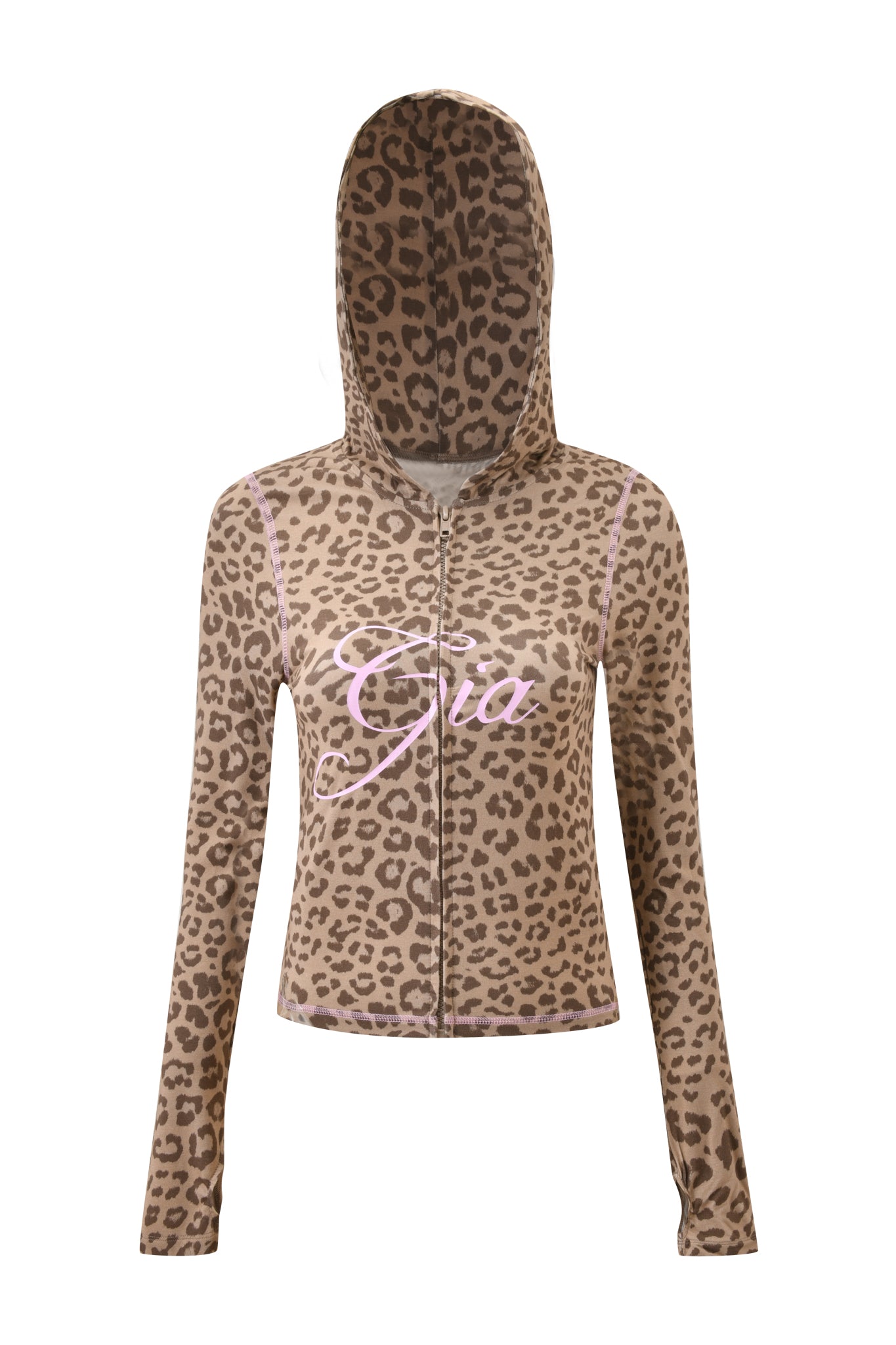 The BLARE HOODIE - MOCHA LEOPARD by I.AM.GIA showcases a soft bamboo mocha leopard print, zip-up front, hood, long sleeves, and "Gia" in light pink cursive across the chest.